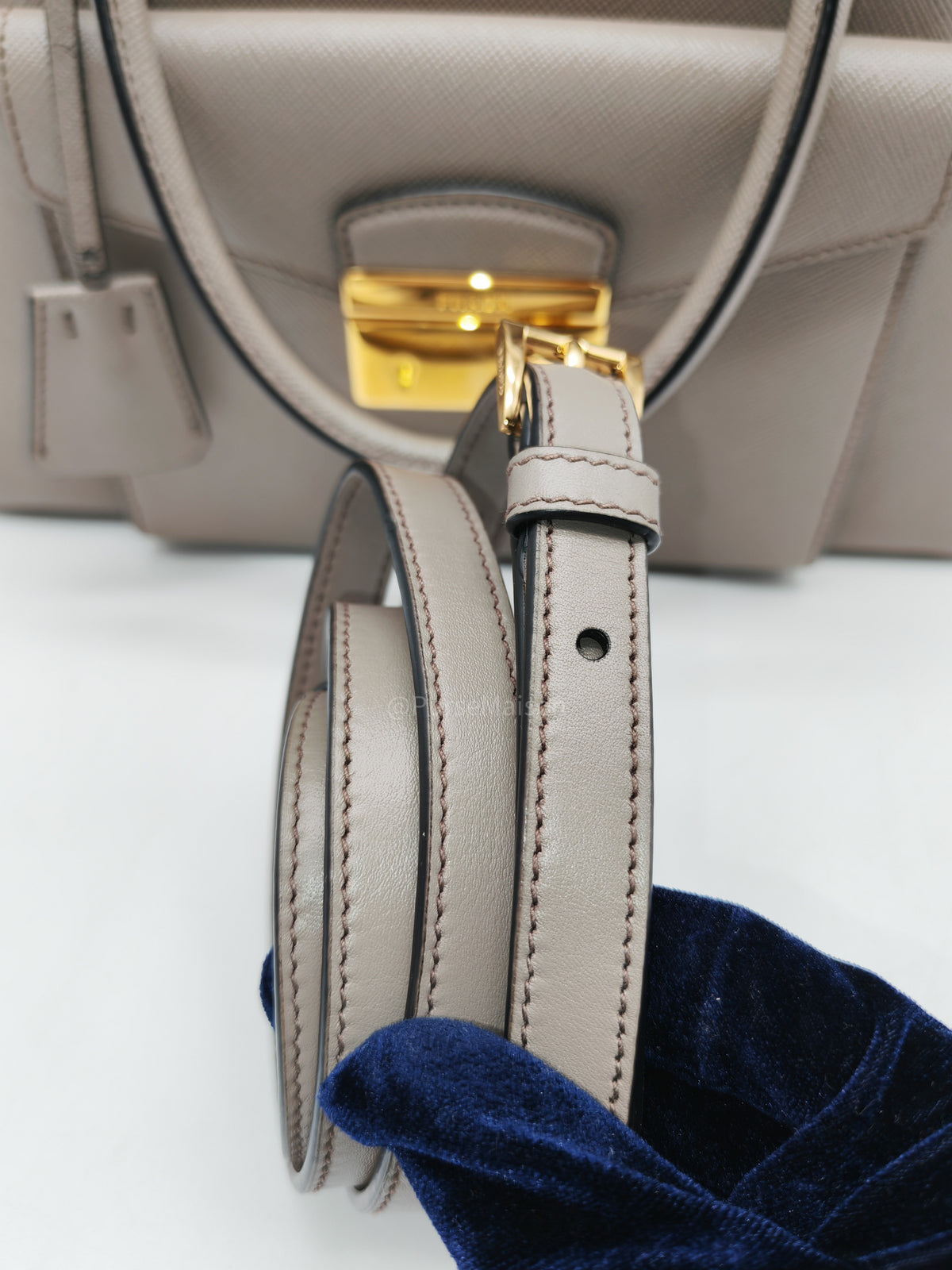 Prada Front Pocket Double-Zip Lux Tote Bag in Argilla Grey Saffiano Leather and Gold Hardware | Purse Maison Luxury Bags Shop