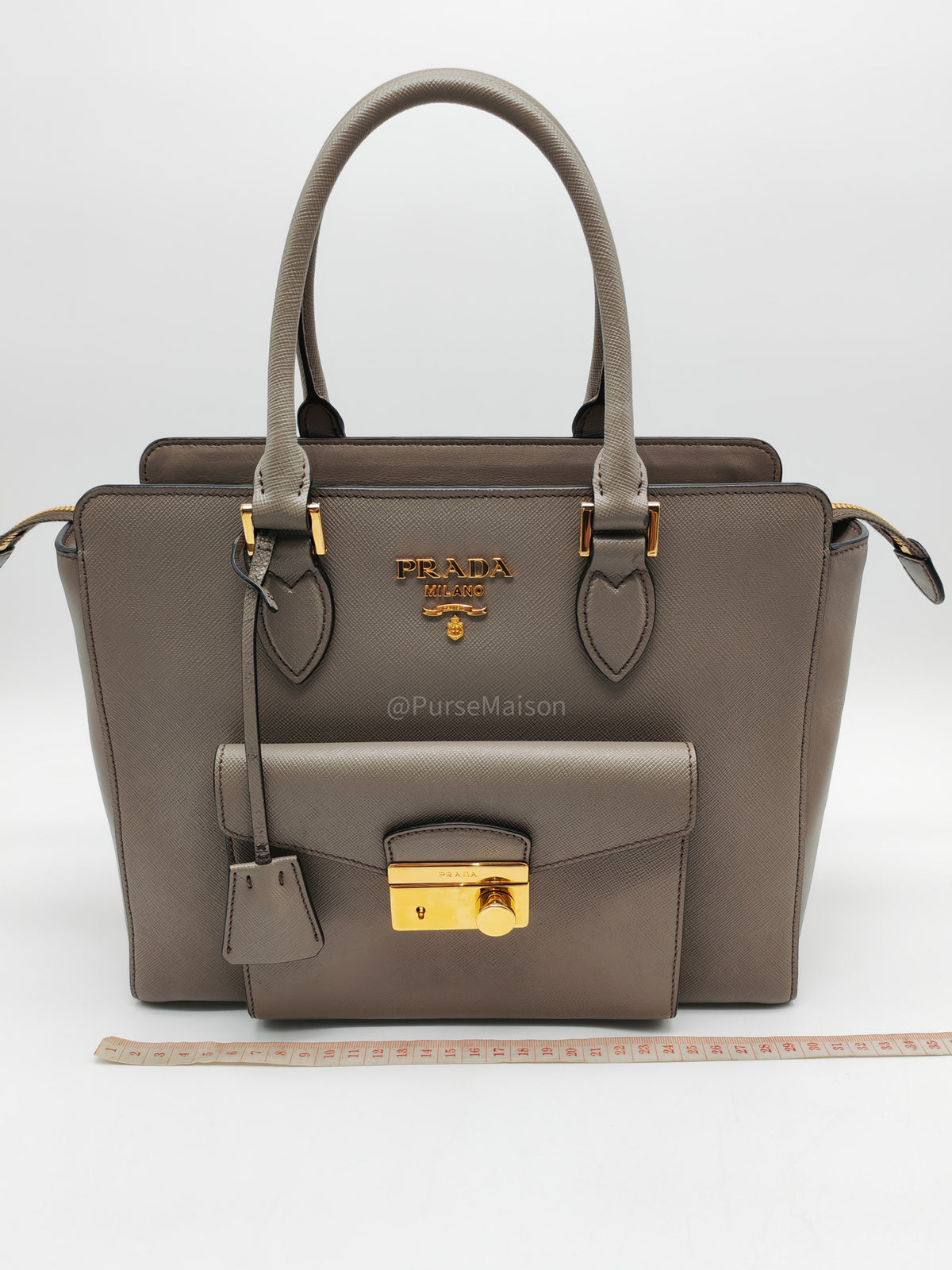 Prada Front Pocket Double-Zip Lux Tote Bag in Argilla Grey Saffiano Leather and Gold Hardware | Purse Maison Luxury Bags Shop