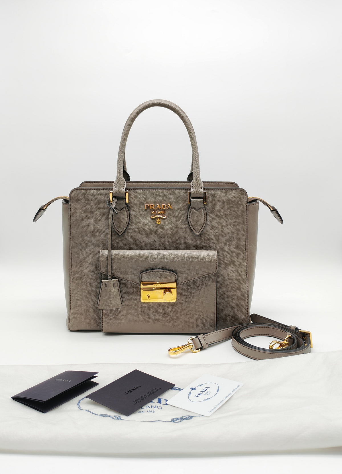 Prada Front Pocket Double-Zip Lux Tote Bag in Argilla Grey Saffiano Leather and Gold Hardware | Purse Maison Luxury Bags Shop