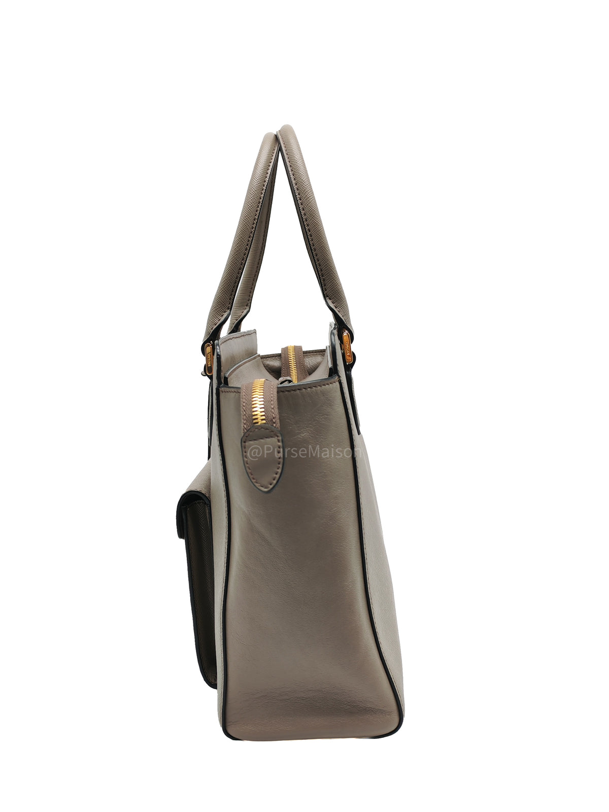Prada Front Pocket Double-Zip Lux Tote Bag in Argilla Grey Saffiano Leather and Gold Hardware | Purse Maison Luxury Bags Shop