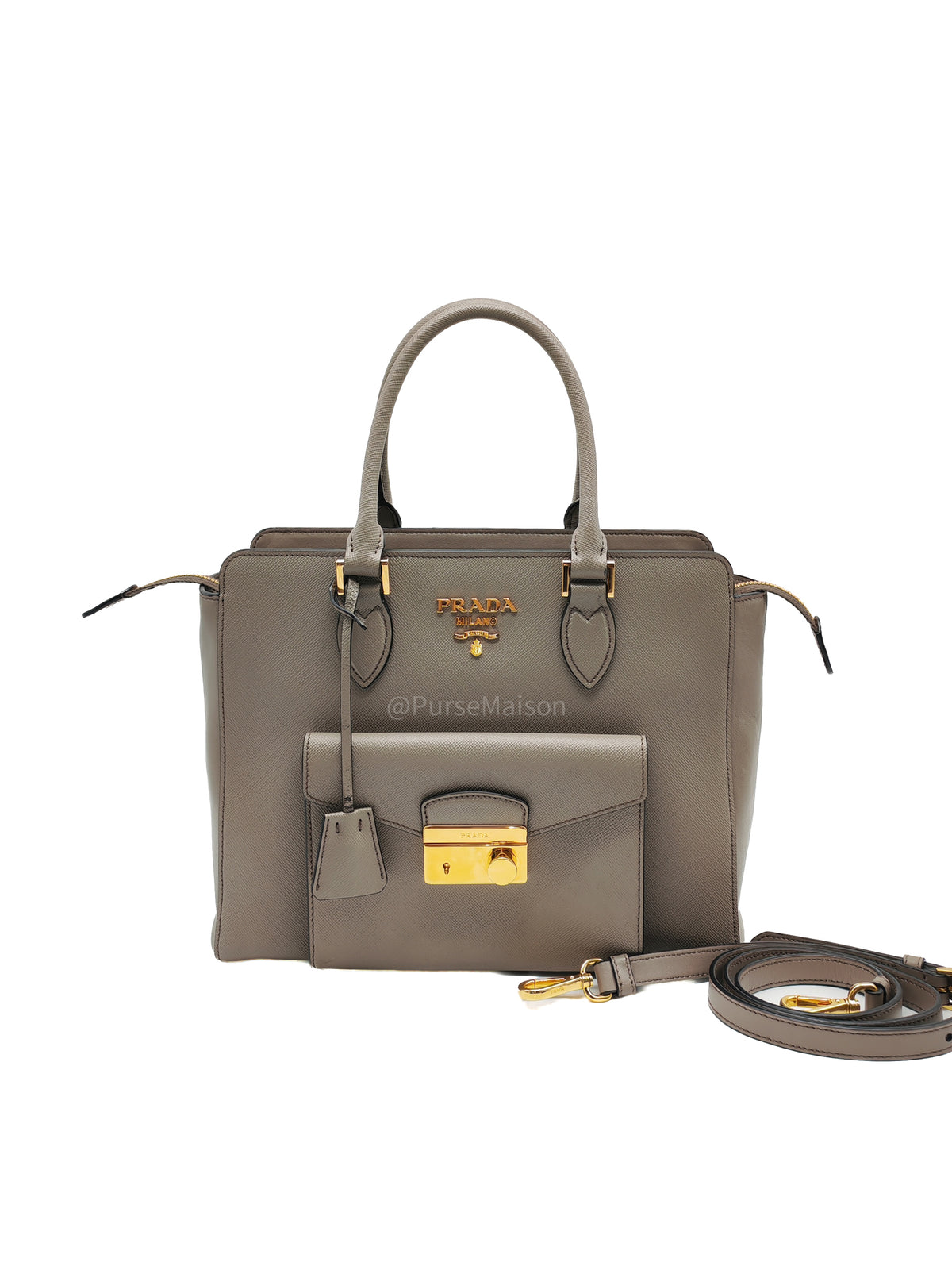 Prada Front Pocket Double-Zip Lux Tote Bag in Argilla Grey Saffiano Leather and Gold Hardware | Purse Maison Luxury Bags Shop