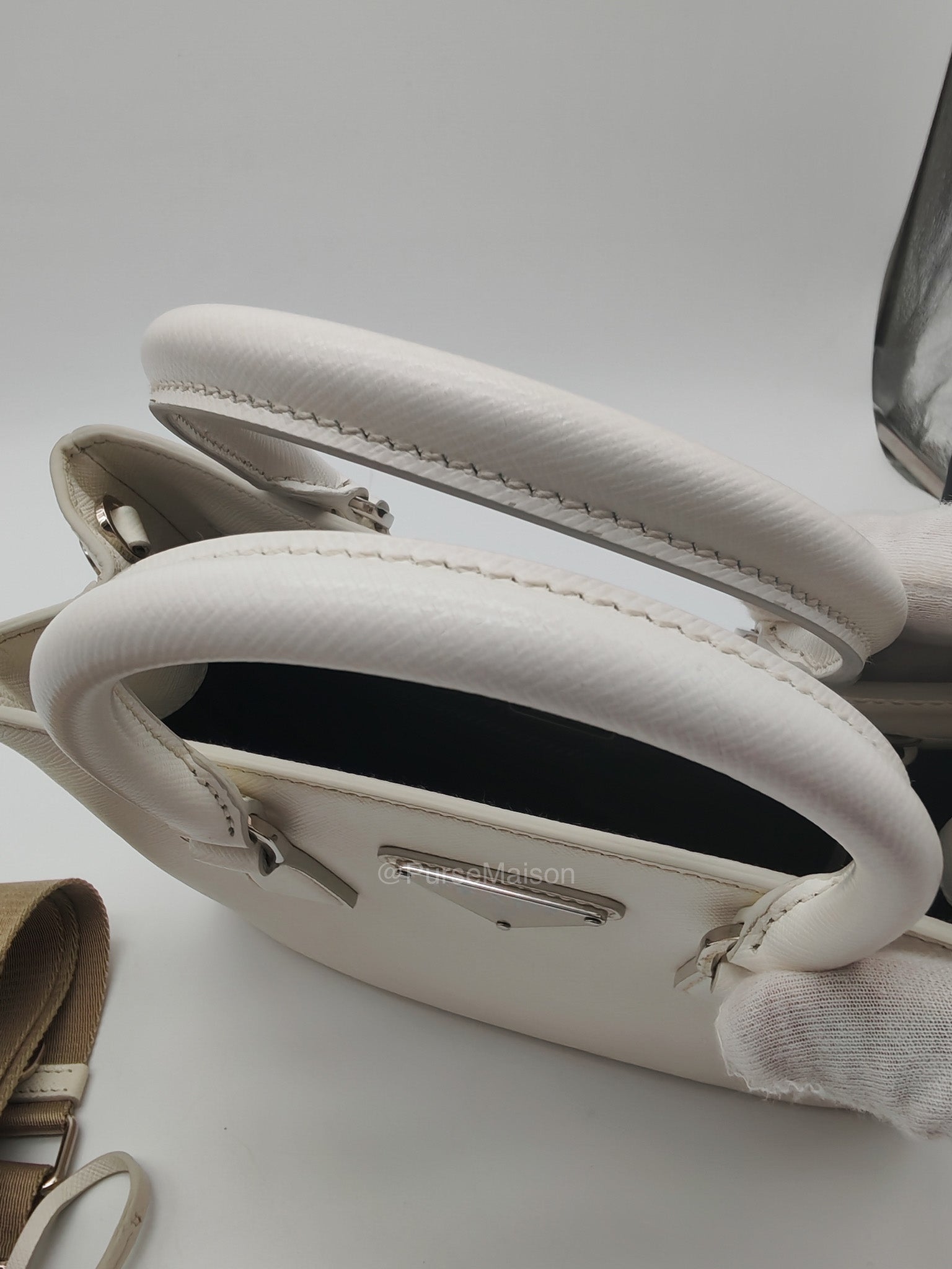 Prada Galleria Mini in White Saffiano Leather and Silver Hardware | Purse Maison Luxury Bags Shop