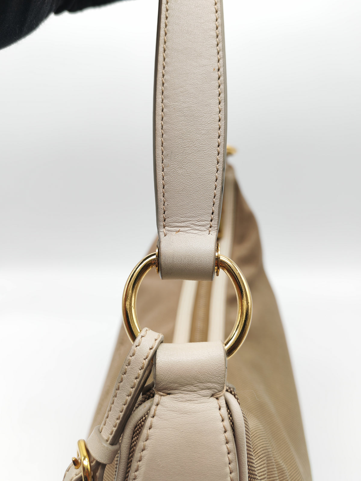 Prada Logo Jacquard Canvas Hobo Bag in Slouchy Brown Monogram Canvas and Gold Hardware | Purse Maison Luxury Bags Shop