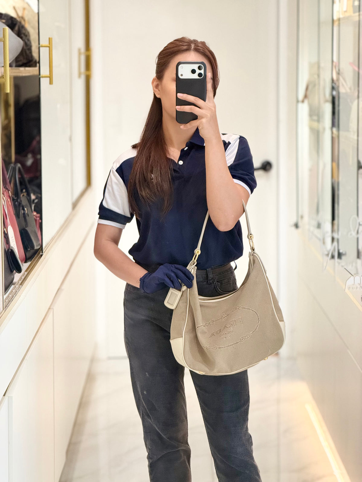 Prada Logo Jacquard Canvas Hobo Bag in Slouchy Brown Monogram Canvas and Gold Hardware | Purse Maison Luxury Bags Shop