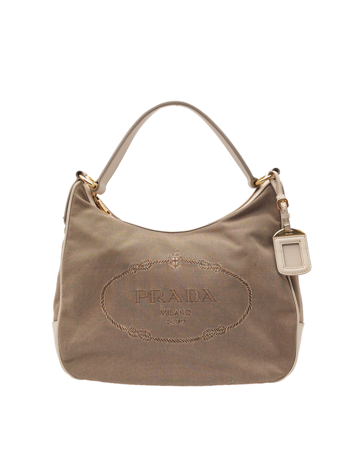 Prada Logo Jacquard Canvas Hobo Bag in Slouchy Brown Monogram Canvas and Gold Hardware | Purse Maison Luxury Bags Shop