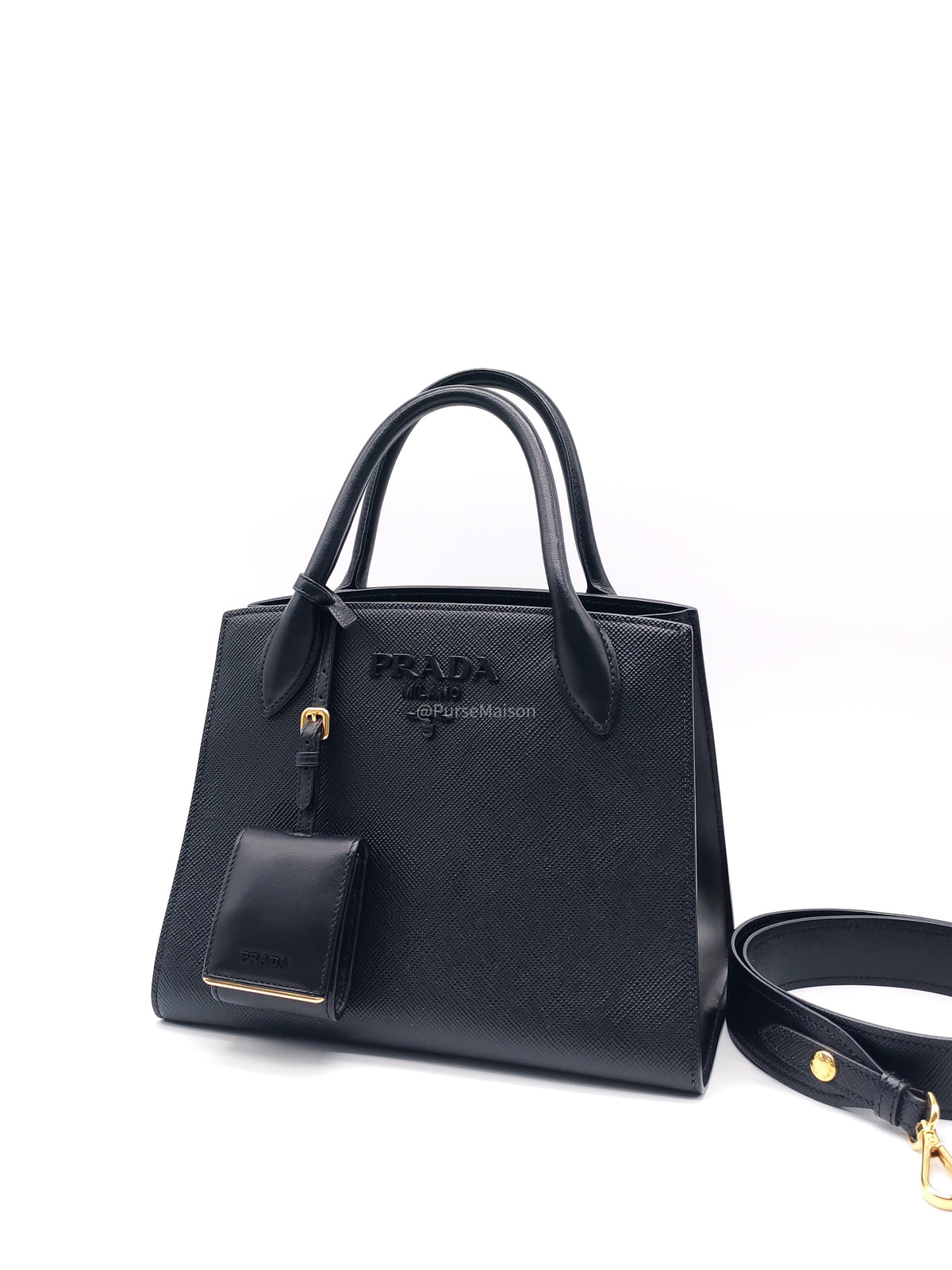 Prada Monochrome Tote Bag Small in Black Saffiano Cuir Calfskin Leather and Gold Hardware | Purse Maison Luxury Bags Shop