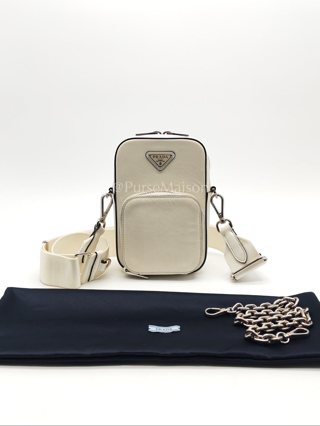 Prada Phone Bag in White Saffiano Leather Silver Hardware | Purse Maison Luxury Bags Shop