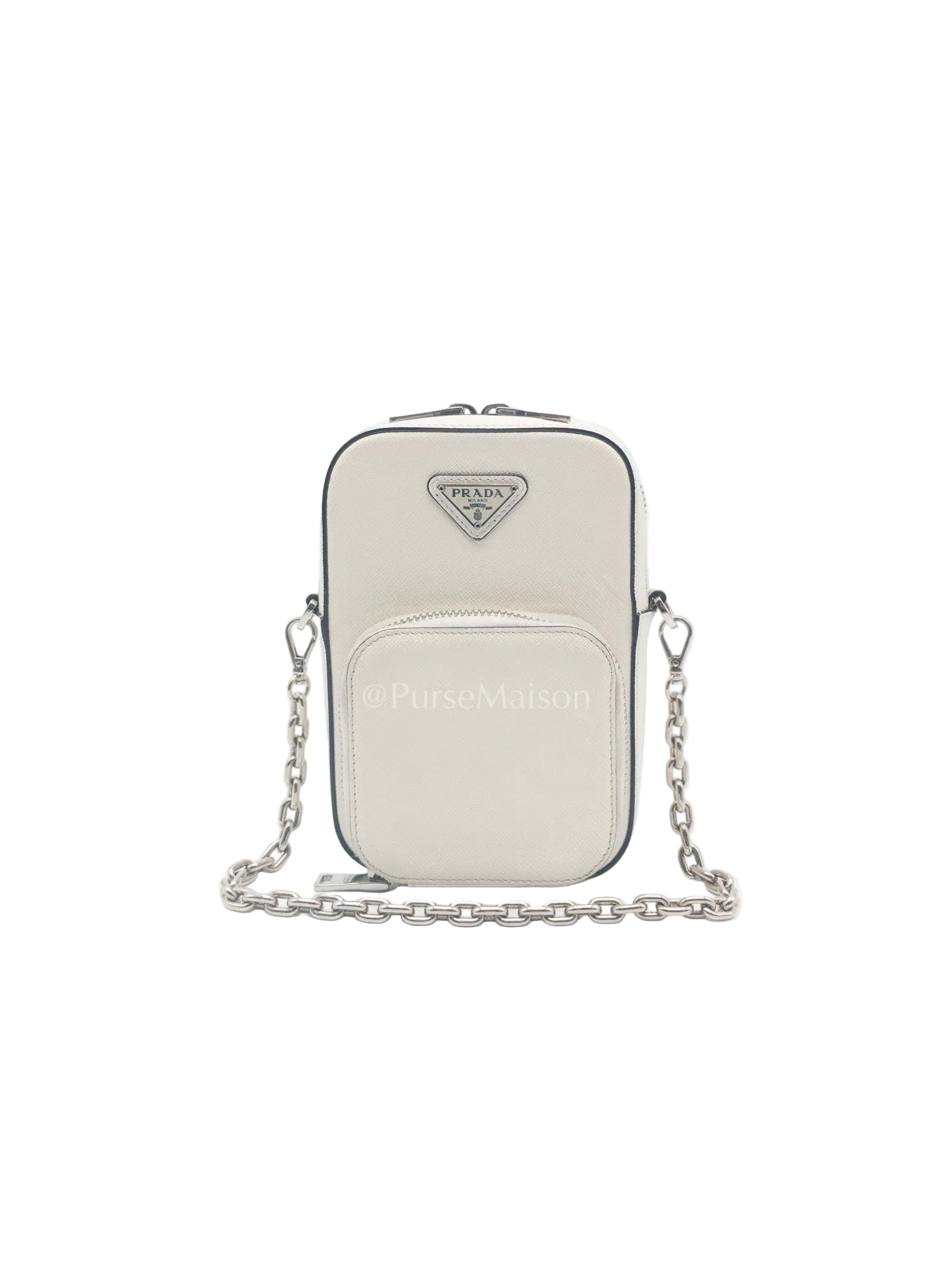 Prada Phone Bag in White Saffiano Leather Silver Hardware | Purse Maison Luxury Bags Shop