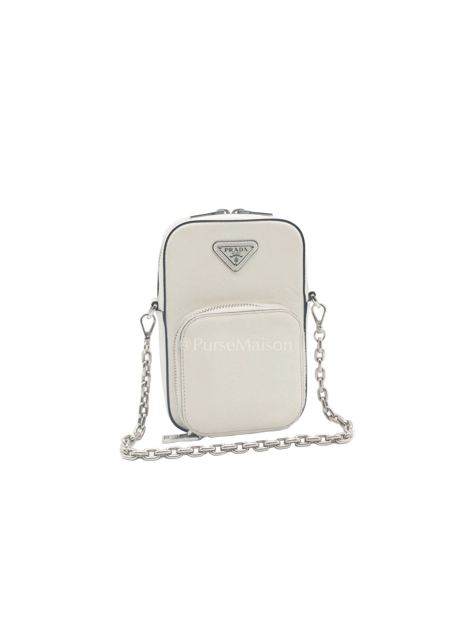 Prada Phone Bag in White Saffiano Leather Silver Hardware | Purse Maison Luxury Bags Shop