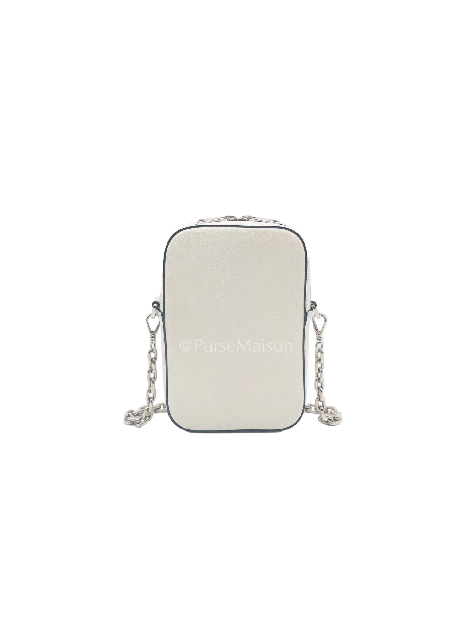 Prada Phone Bag in White Saffiano Leather Silver Hardware | Purse Maison Luxury Bags Shop