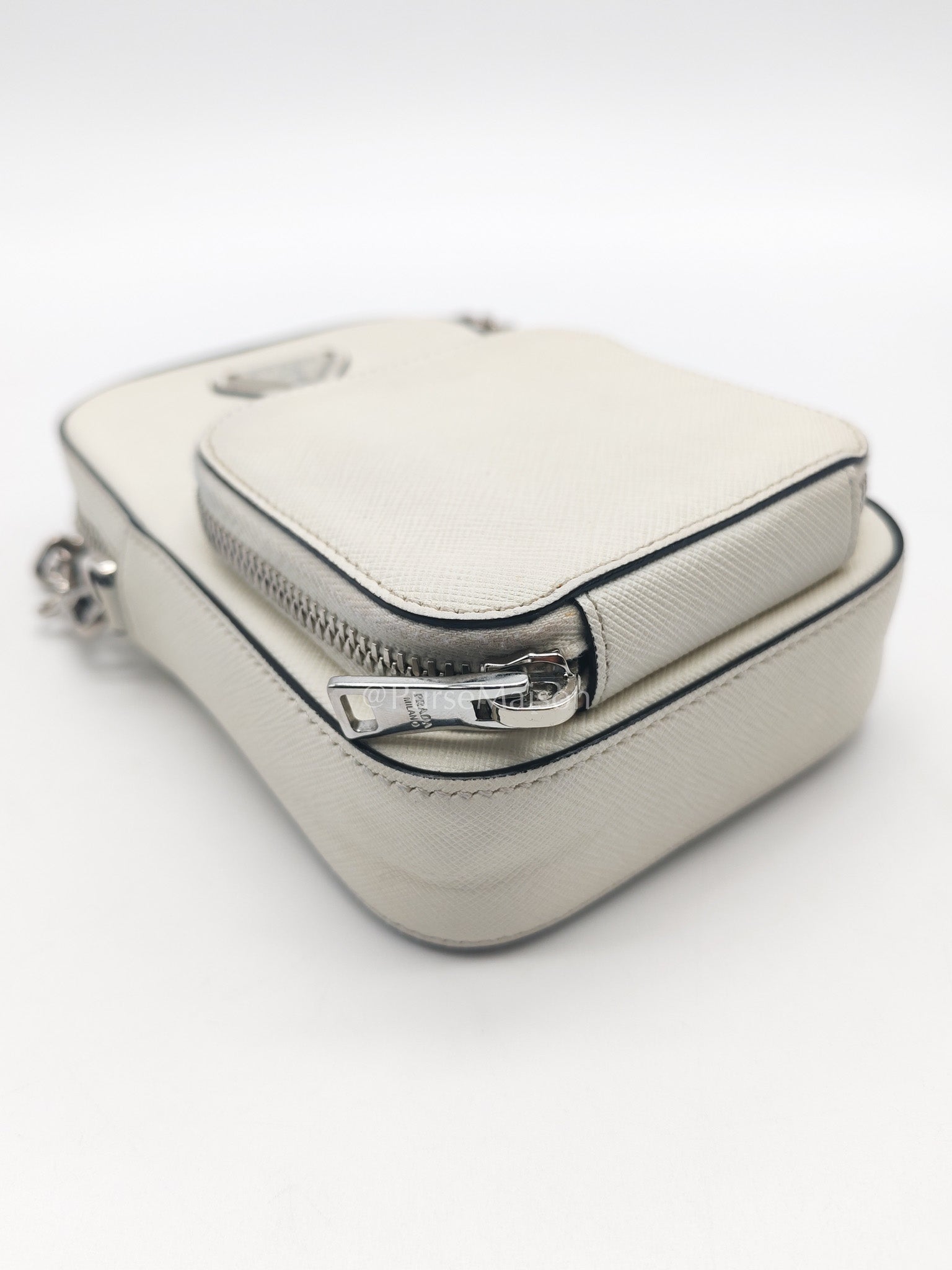 Prada Phone Bag in White Saffiano Leather Silver Hardware | Purse Maison Luxury Bags Shop