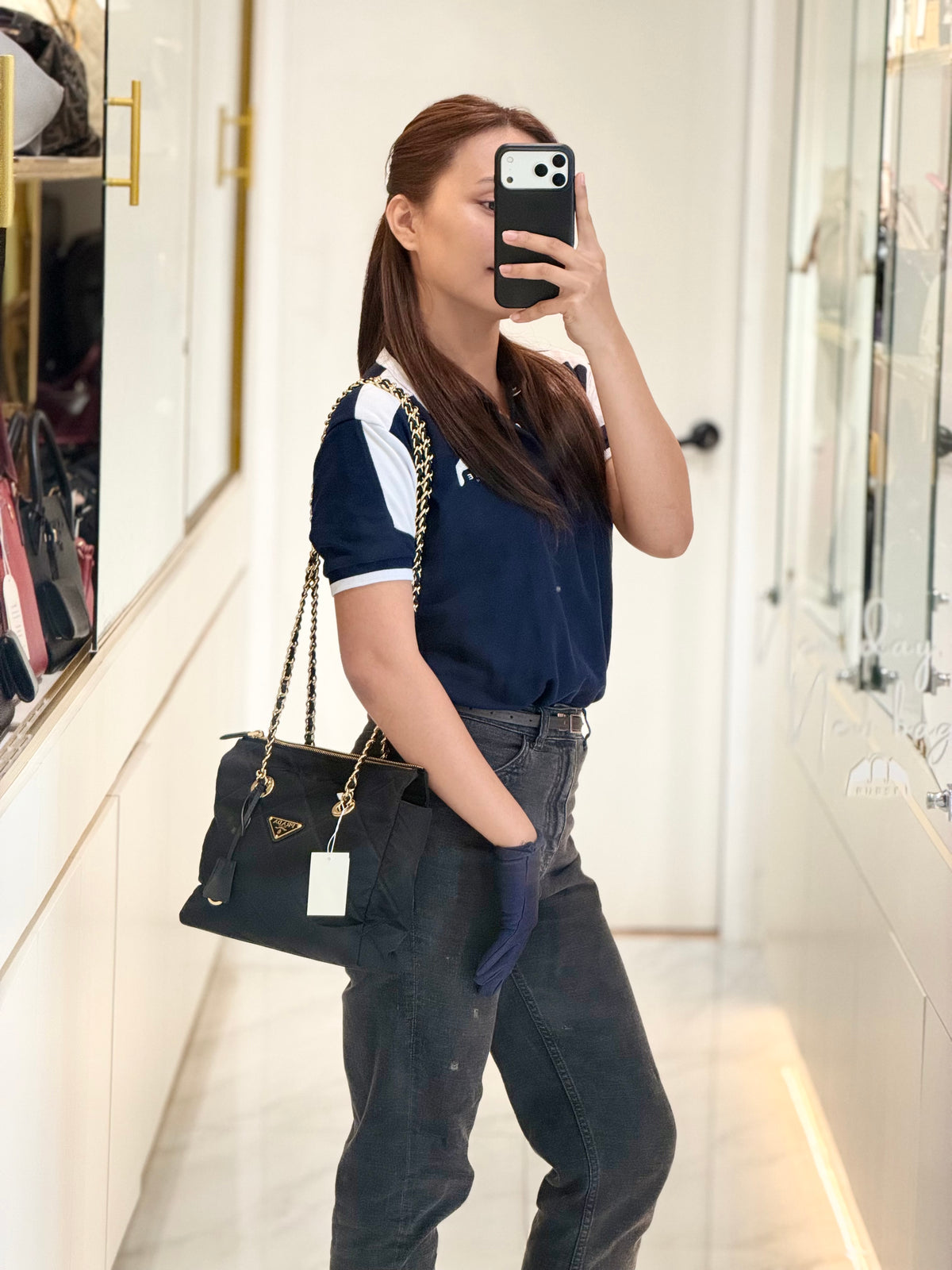 Prada Re-Edition 1995 Chain Shoulder Bag in Black Tessuto Nylon and Gold Hardware | Purse Maison Luxury Bags Shop