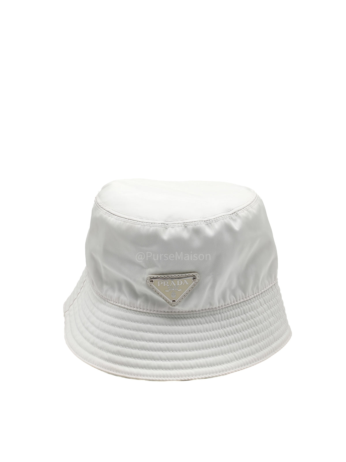 Prada Re-Nylon Bucket Hat in White with Signature Enameled Metal Triangle Logo | Purse Maison Luxury Bags Shop
