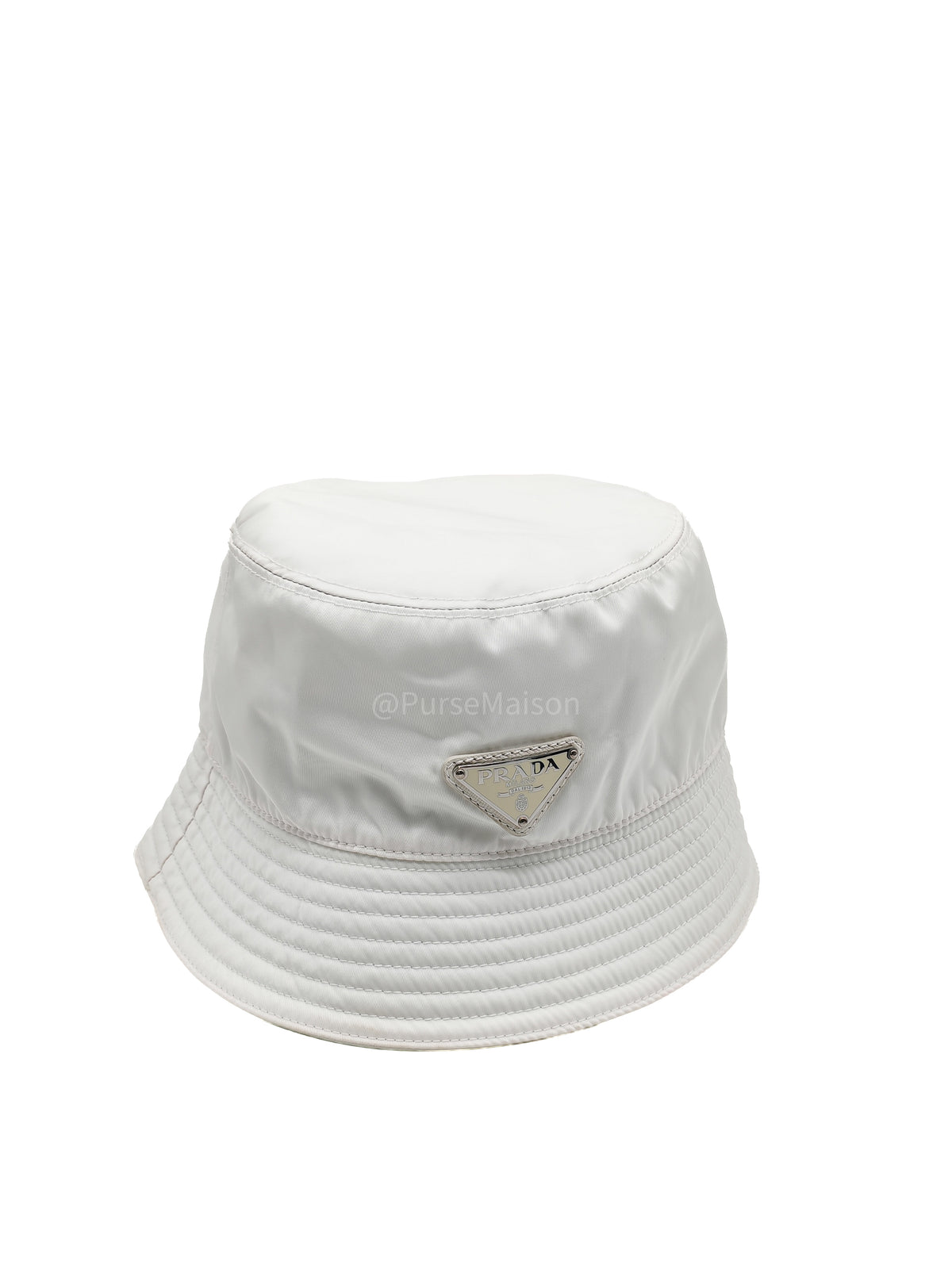 Prada Re-Nylon Bucket Hat in White with Signature Enameled Metal Triangle Logo | Purse Maison Luxury Bags Shop