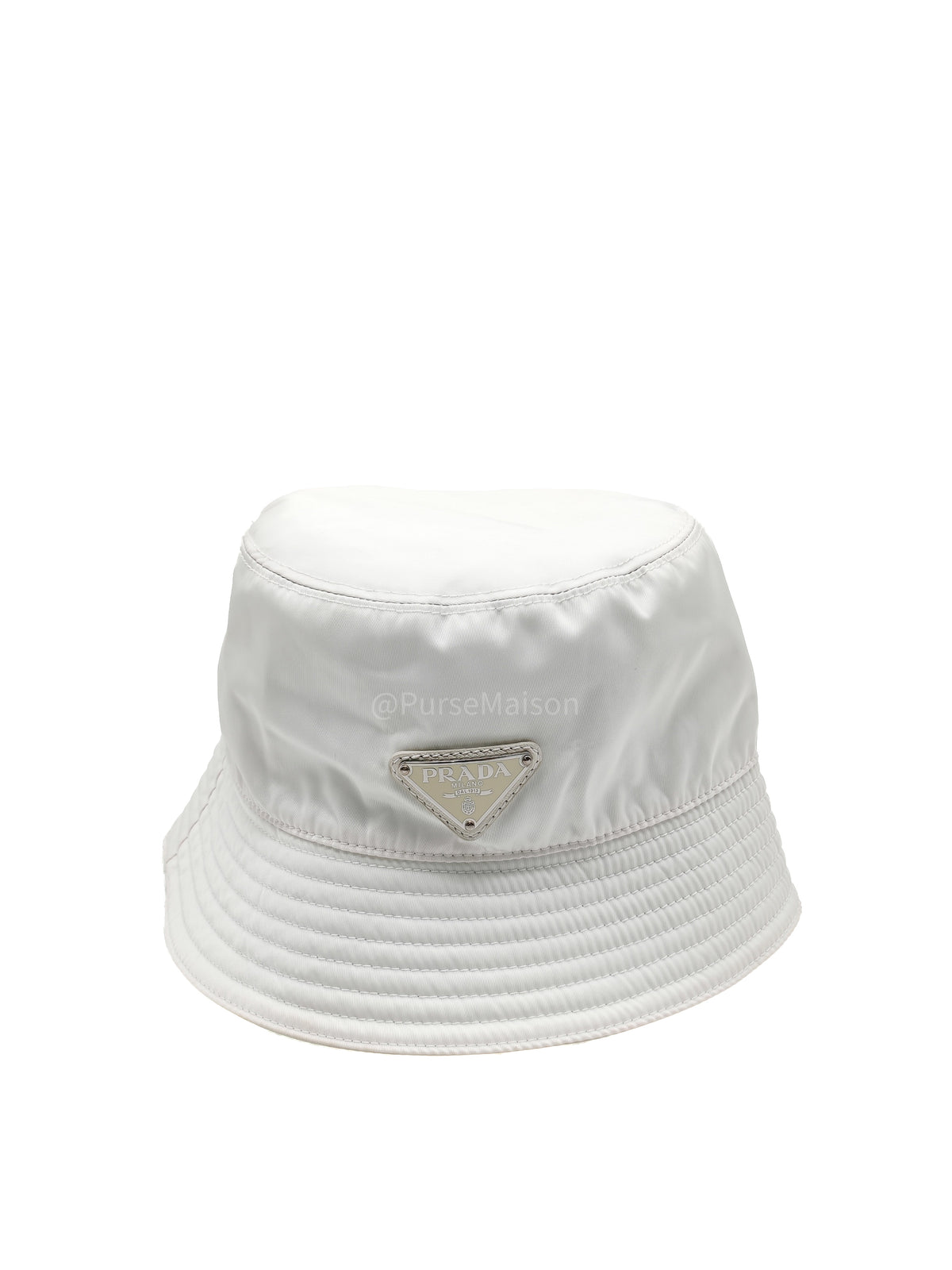 Prada Re-Nylon Bucket Hat in White with Signature Enameled Metal Triangle Logo | Purse Maison Luxury Bags Shop
