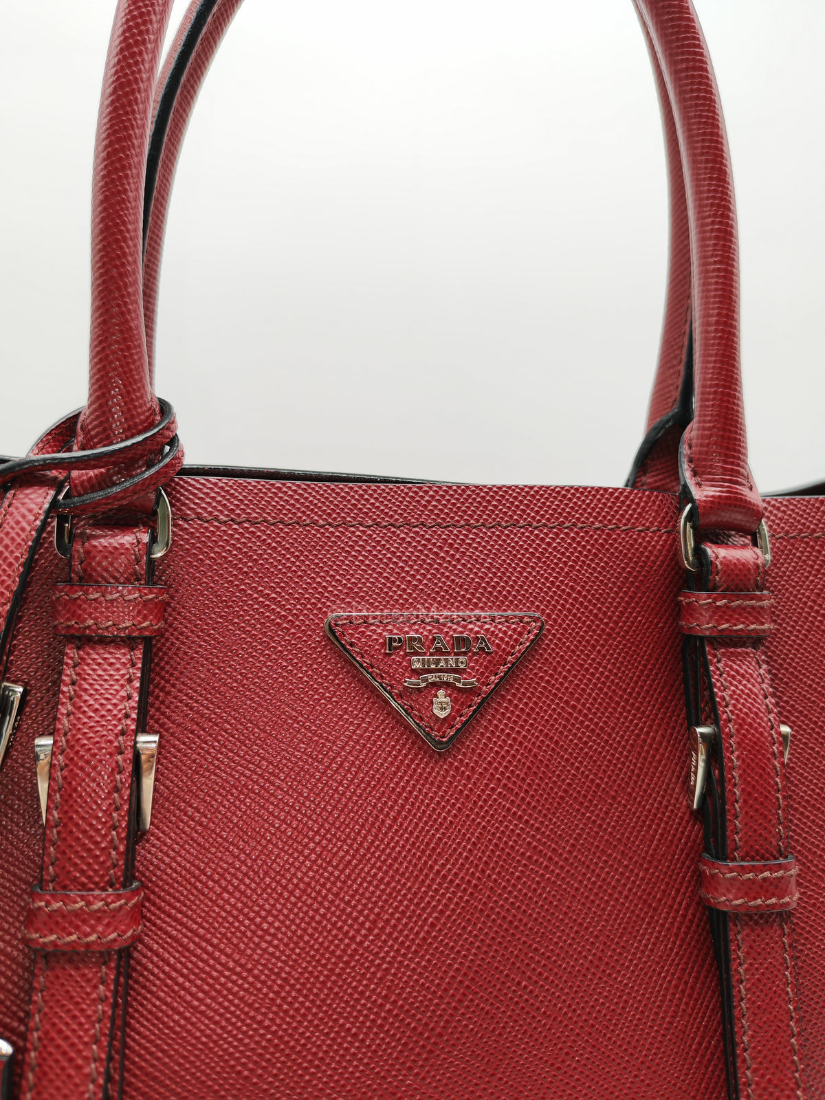 Prada Saffiano Cuir Double Bag in Burgundy Saffiano Leather and Silver Hardware | Purse Maison Luxury Bags Shop