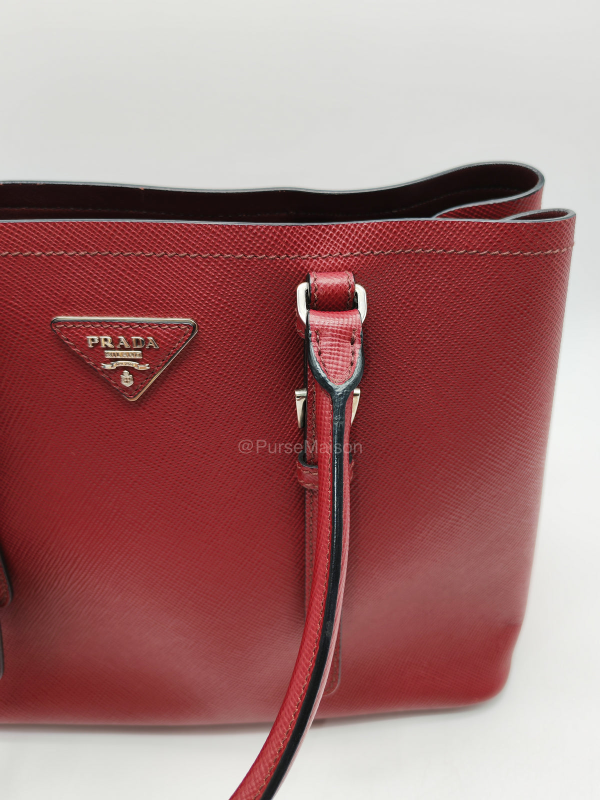 Prada Saffiano Cuir Double Bag in Burgundy Saffiano Leather and Silver Hardware | Purse Maison Luxury Bags Shop