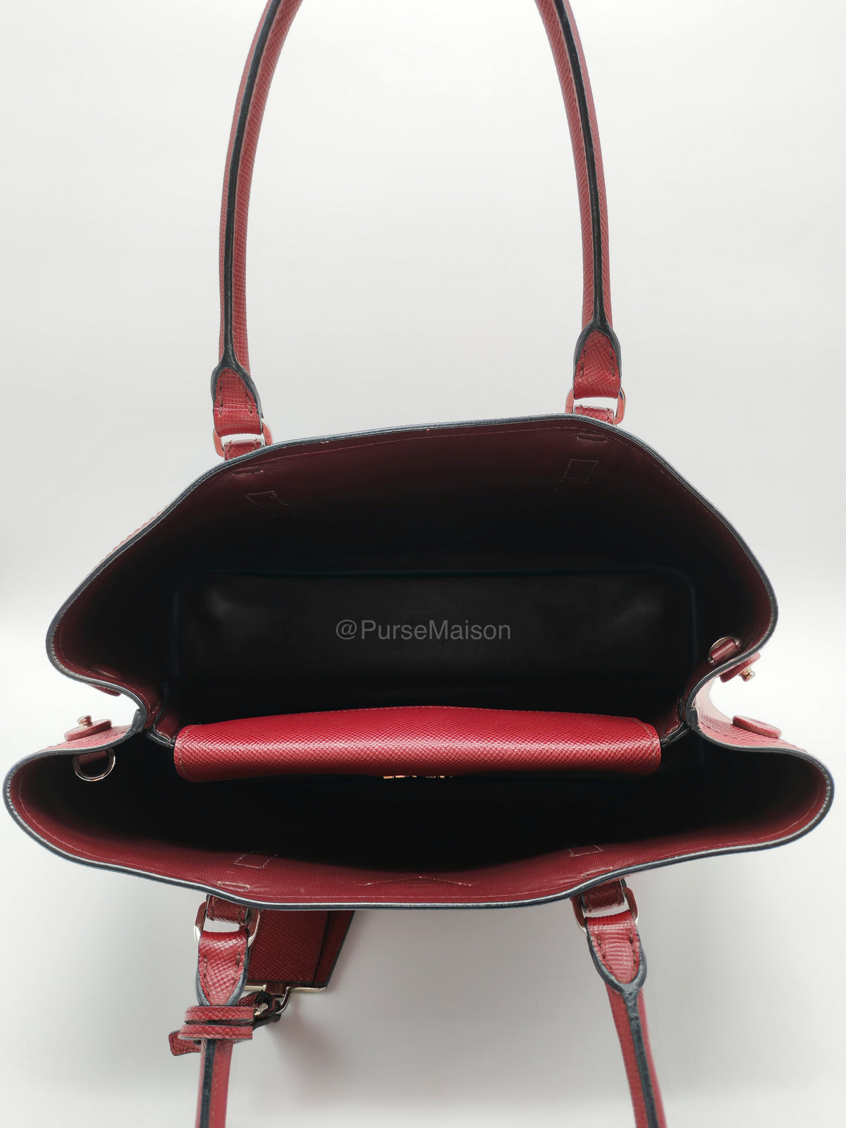 Prada Saffiano Cuir Double Bag in Burgundy Saffiano Leather and Silver Hardware | Purse Maison Luxury Bags Shop