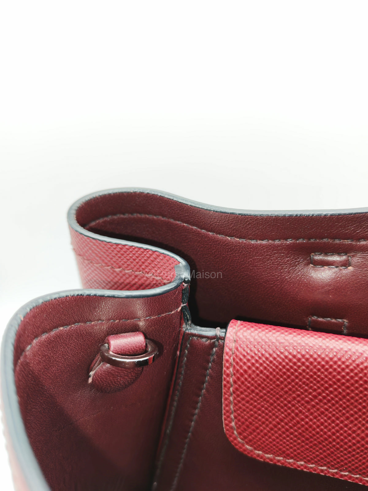 Prada Saffiano Cuir Double Bag in Burgundy Saffiano Leather and Silver Hardware | Purse Maison Luxury Bags Shop
