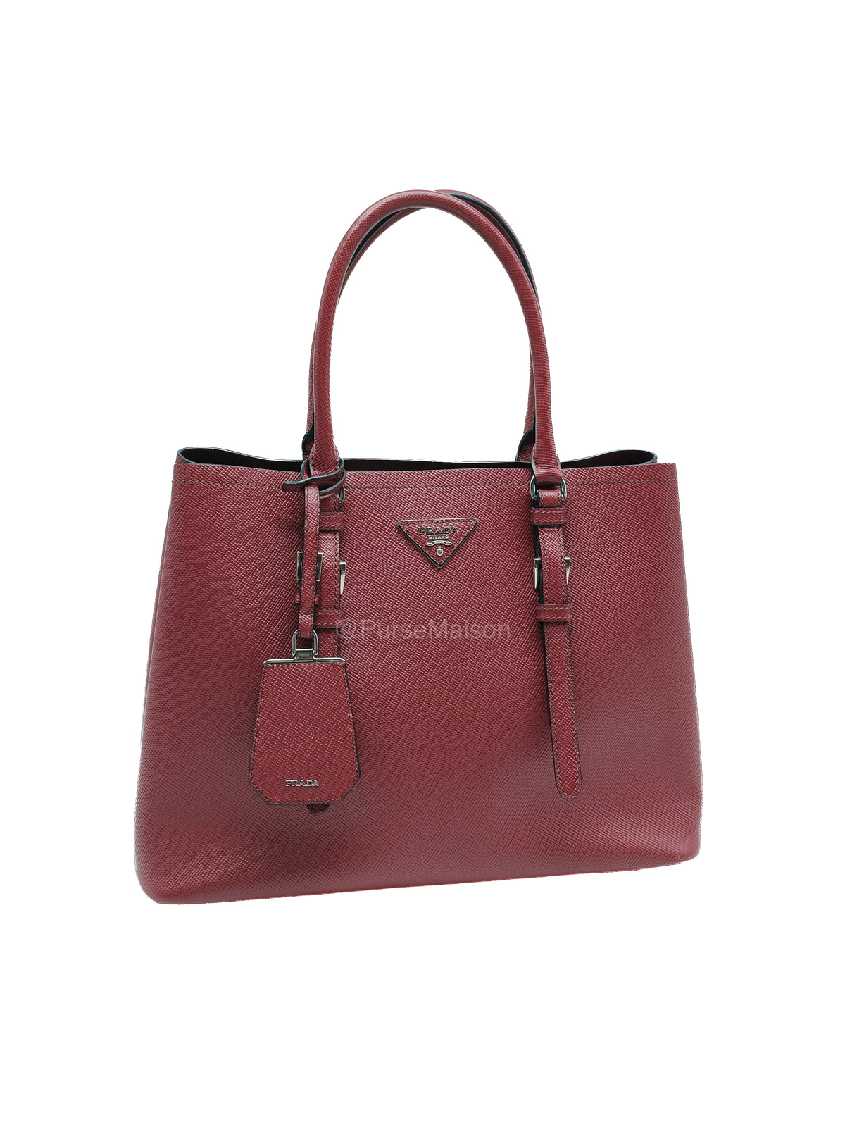 Prada Saffiano Cuir Double Bag in Burgundy Saffiano Leather and Silver Hardware | Purse Maison Luxury Bags Shop