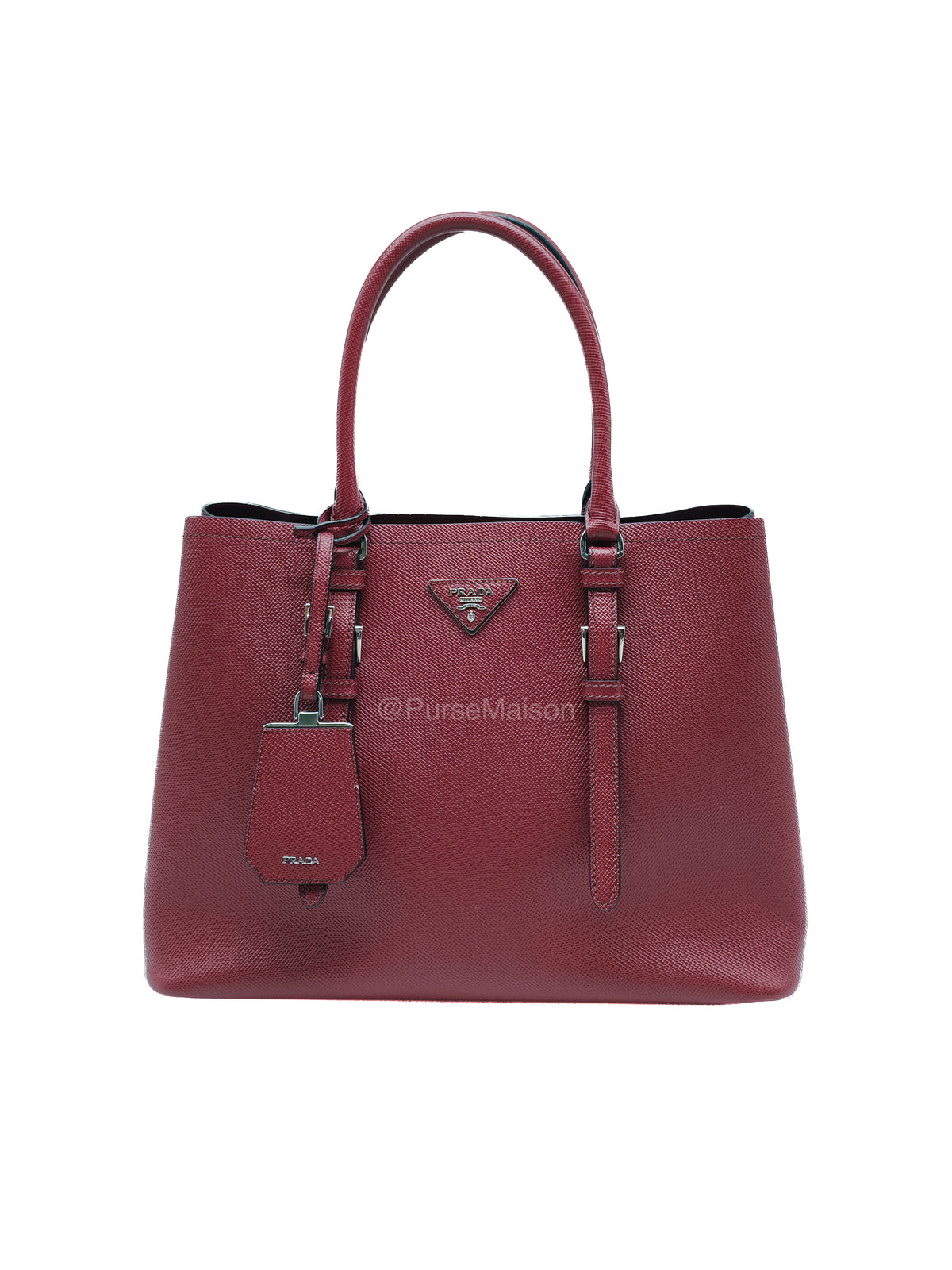 Prada Saffiano Cuir Double Bag in Burgundy Saffiano Leather and Silver Hardware | Purse Maison Luxury Bags Shop