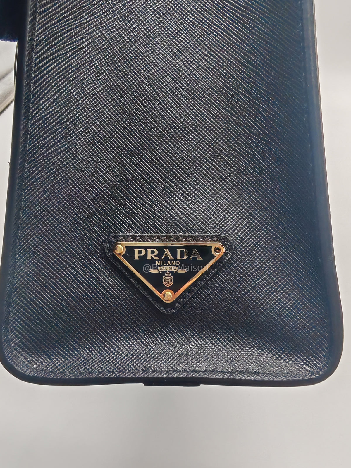 Prada Saffiano Lux Embossed Logo Medium Shoulder Tote Bag in Black Calfskin Leather and Gold Hardware | Purse Maison Luxury Bags Shop