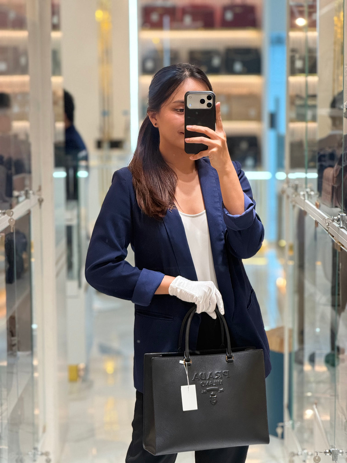 Prada Saffiano Lux Embossed Logo Medium Shoulder Tote Bag in Black Calfskin Leather and Gold Hardware | Purse Maison Luxury Bags Shop