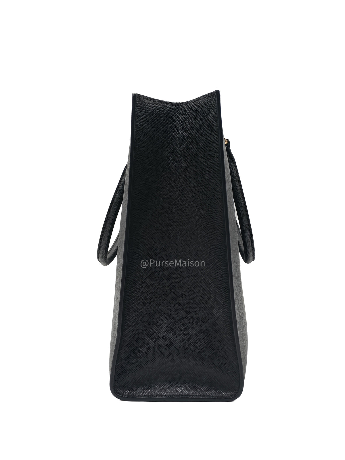 Prada Saffiano Lux Embossed Logo Medium Shoulder Tote Bag in Black Calfskin Leather and Gold Hardware | Purse Maison Luxury Bags Shop