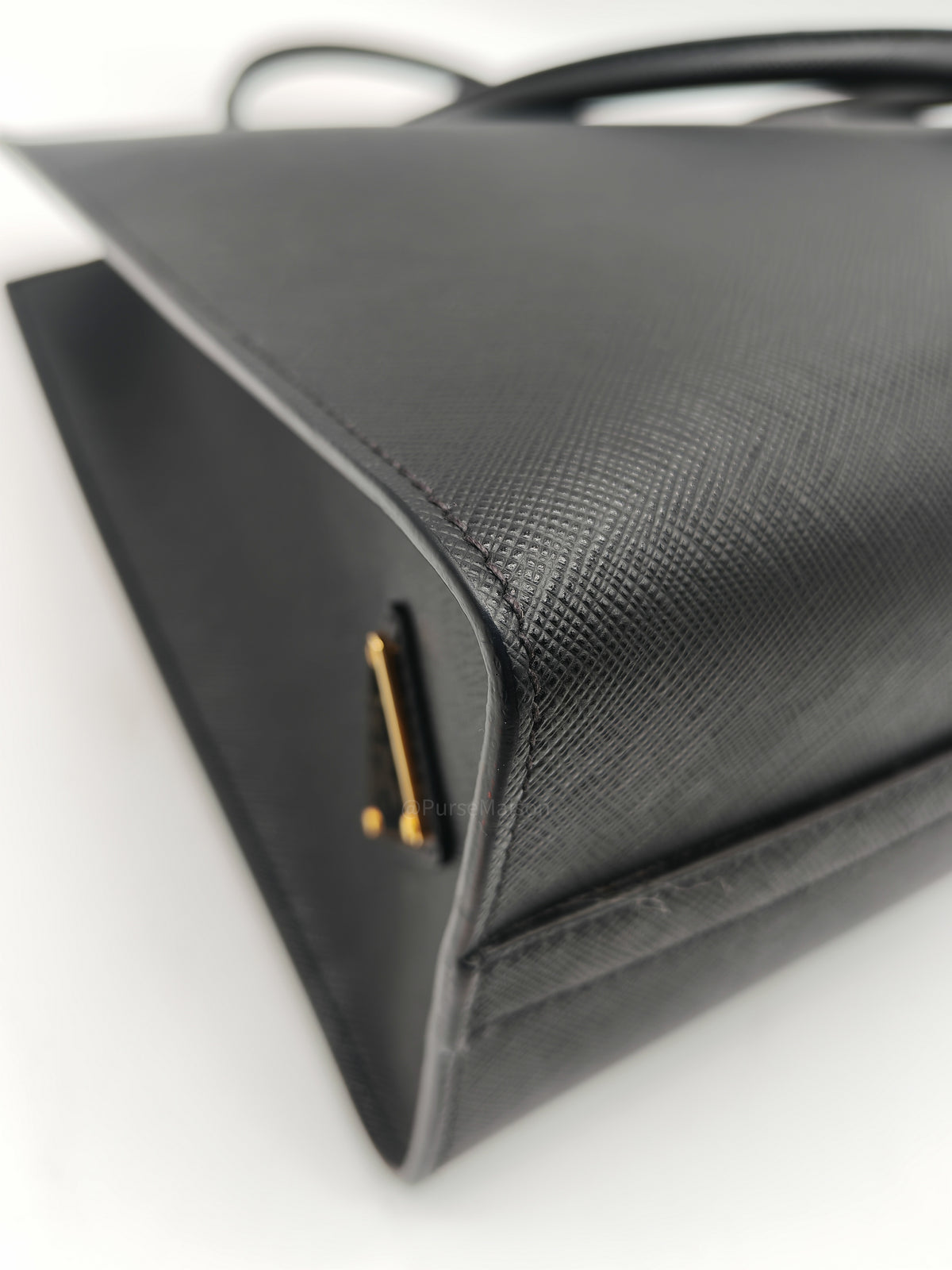 Prada Saffiano Lux Embossed Logo Medium Shoulder Tote Bag in Black Calfskin Leather and Gold Hardware | Purse Maison Luxury Bags Shop