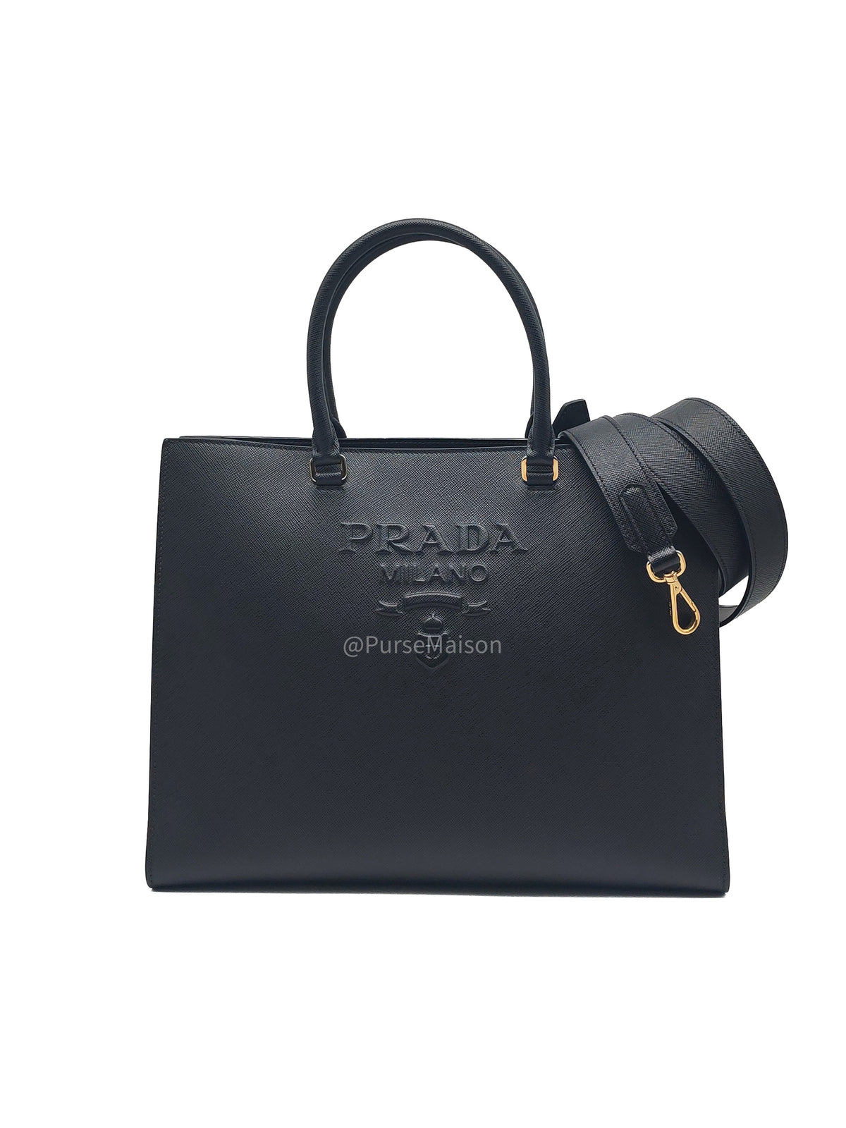 Prada Saffiano Lux Embossed Logo Medium Shoulder Tote Bag in Black Calfskin Leather and Gold Hardware | Purse Maison Luxury Bags Shop