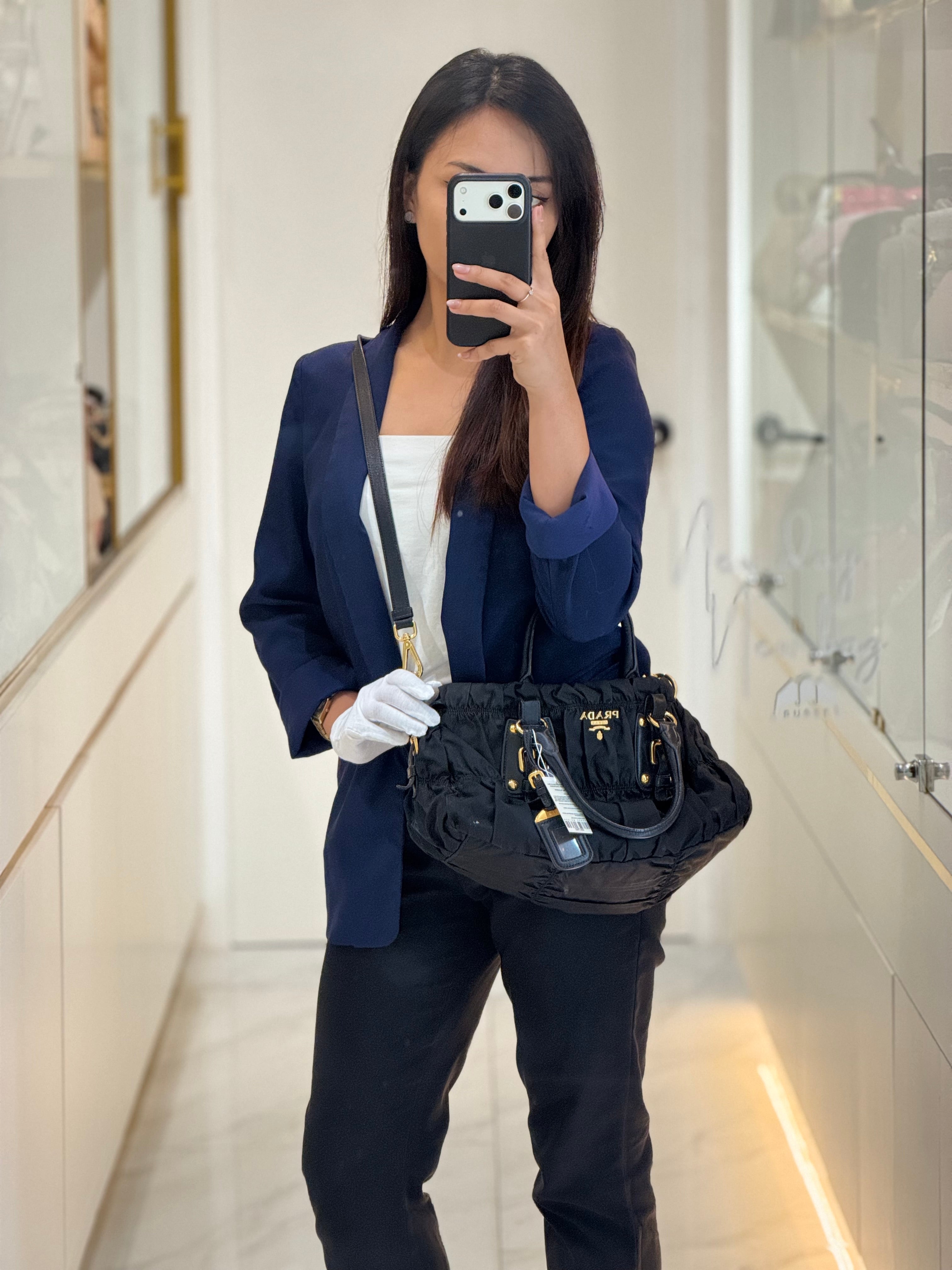 Tessuto Gauffre Satchel in Black Nylon Leather & Gold Hardware | Purse Maison Luxury Bags Shop