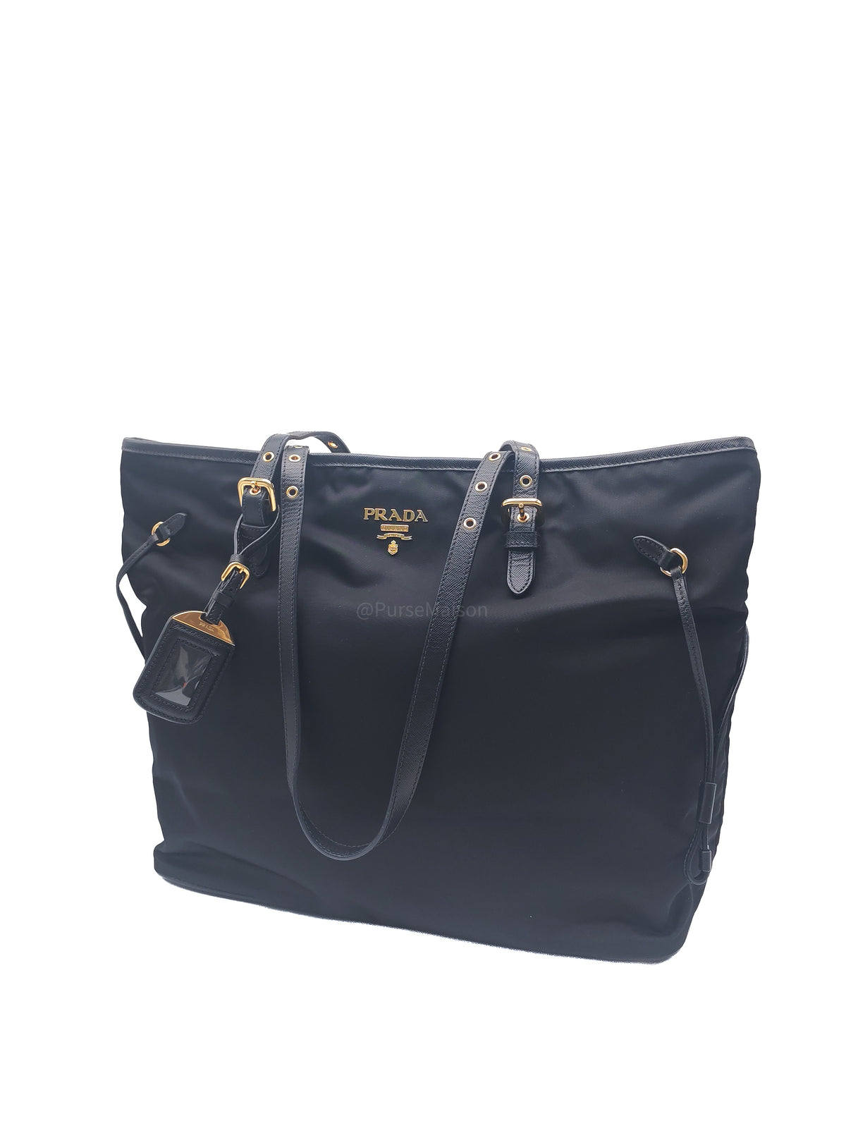 Prada Tessuto Nylon Tote Bag in Black Nylon Canvas and Saffiano Leather Gold Hardware | Purse Maison Luxury Bags Shop