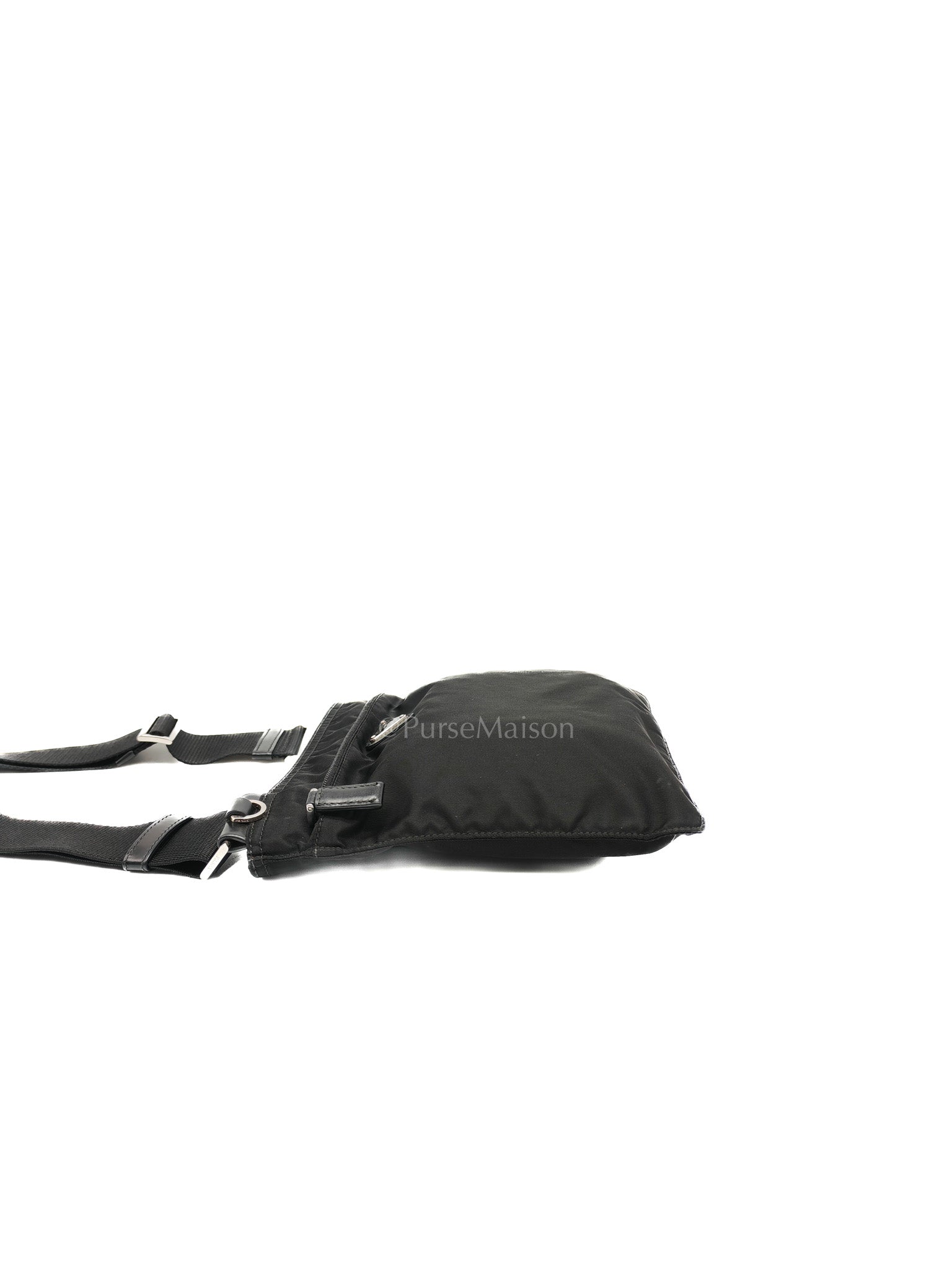 Vela Flat Messenger Bag in Black Nylon Canvas | Purse Maison Luxury Bags Shop