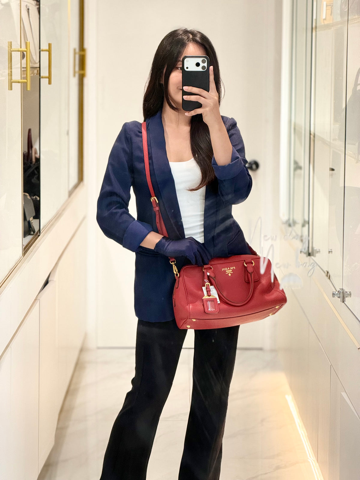 Prada Vitello Daino Bowling Bag in Red Bauletto Leather and Gold Hardware | Purse Maison Luxury Bags Shop