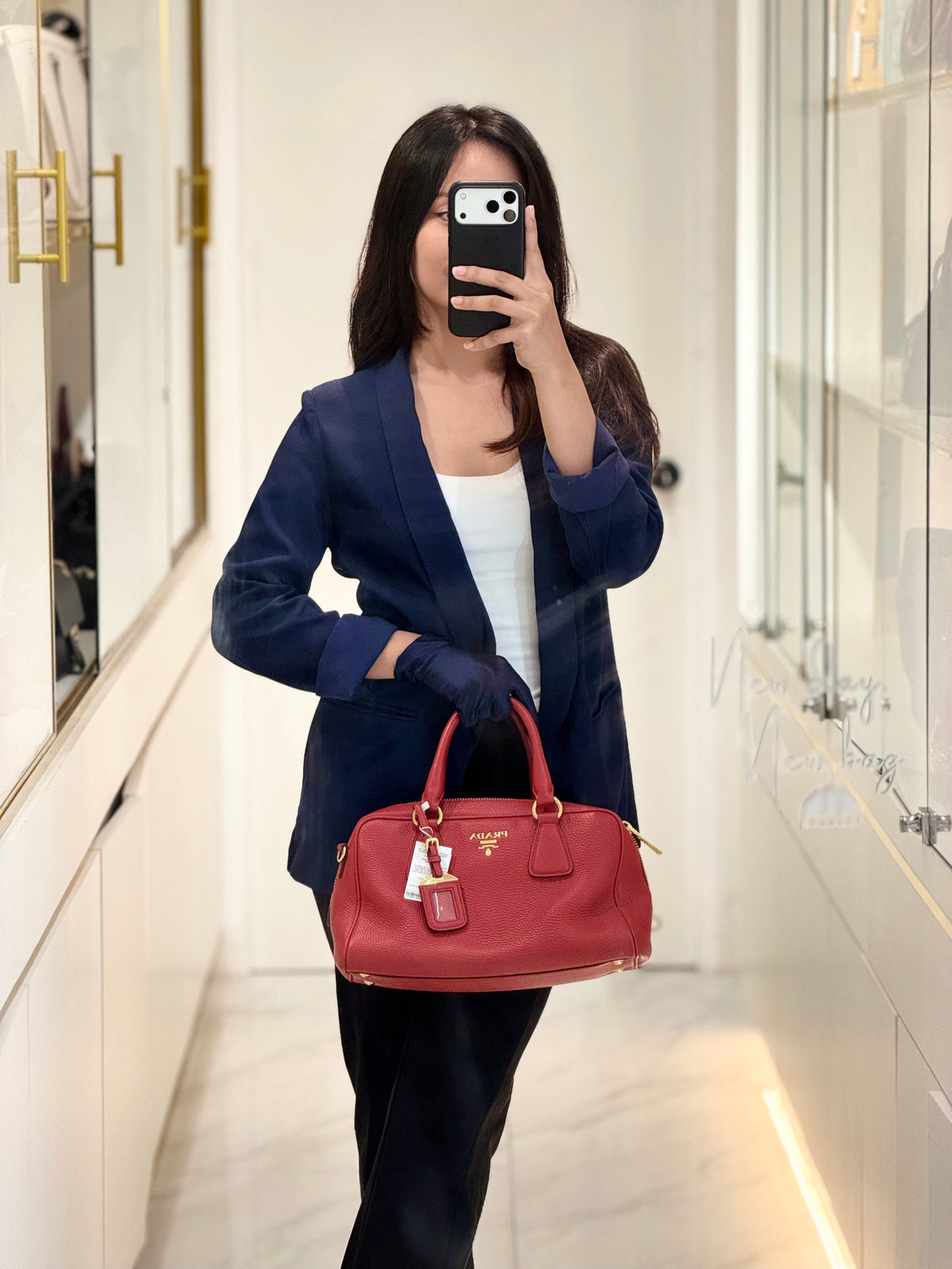 Prada Vitello Daino Bowling Bag in Red Bauletto Leather and Gold Hardware | Purse Maison Luxury Bags Shop