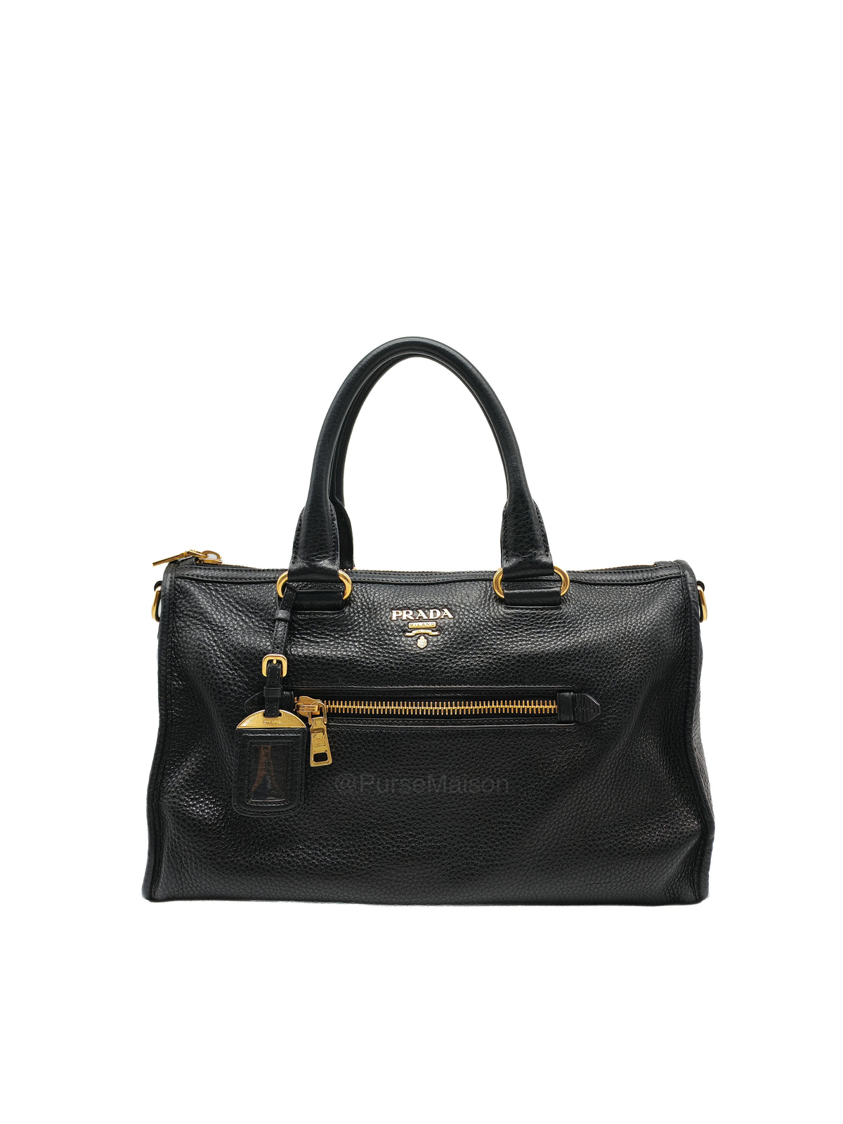 Prada Vitello Daino Shopping Satchel Bag in Black Grained Calfskin Leather and Gold Hardware | Purse Maison Luxury Bags Shop