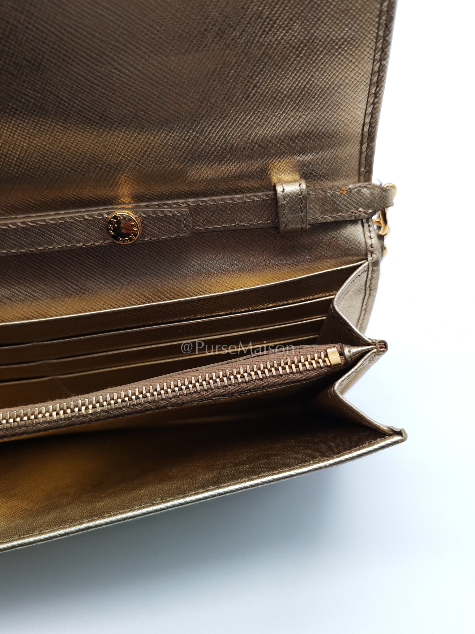 Prada Wallet on Chain Metal Oro in Gold Saffiano Leather and Gold Hardware | Purse Maison Luxury Bags Shop
