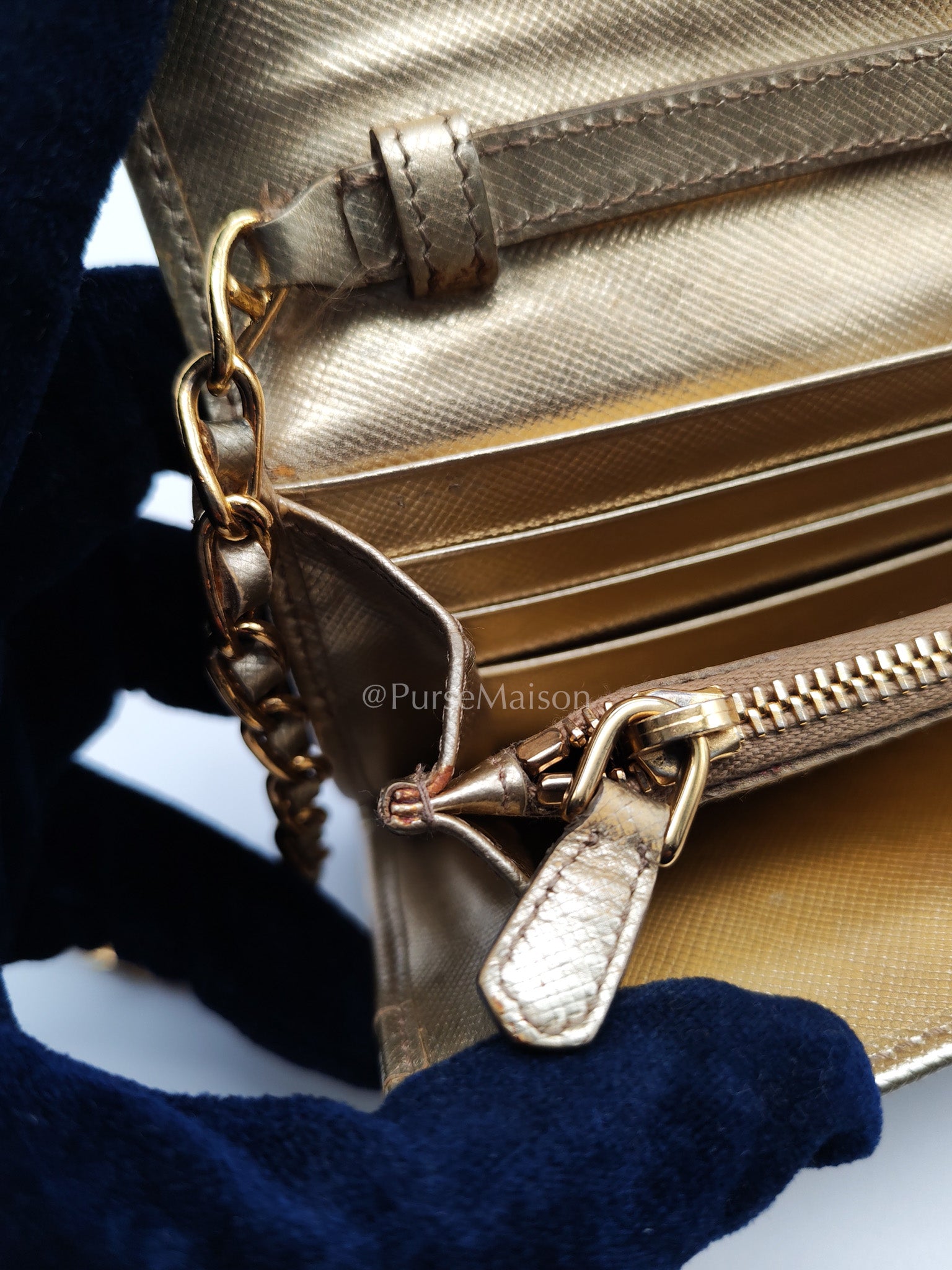 Prada Wallet on Chain Metal Oro in Gold Saffiano Leather and Gold Hardware | Purse Maison Luxury Bags Shop