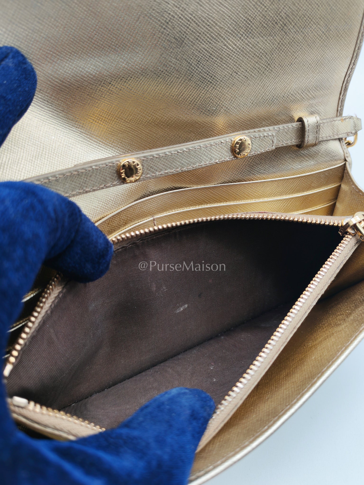 Prada Wallet on Chain Metal Oro in Gold Saffiano Leather and Gold Hardware | Purse Maison Luxury Bags Shop