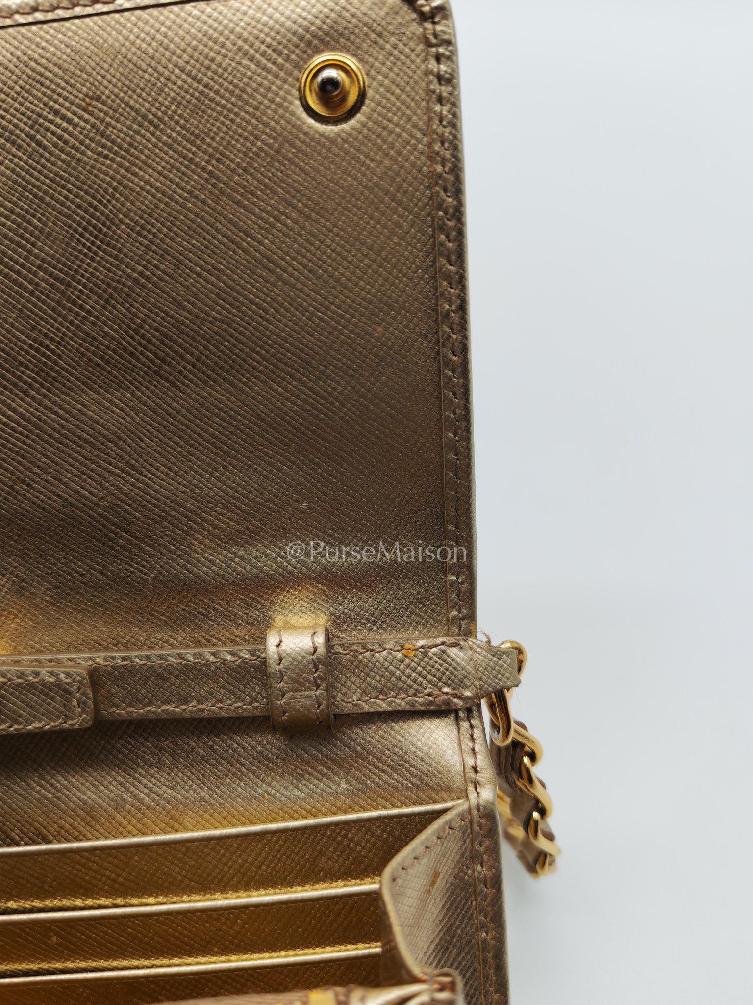 Prada Wallet on Chain Metal Oro in Gold Saffiano Leather and Gold Hardware | Purse Maison Luxury Bags Shop