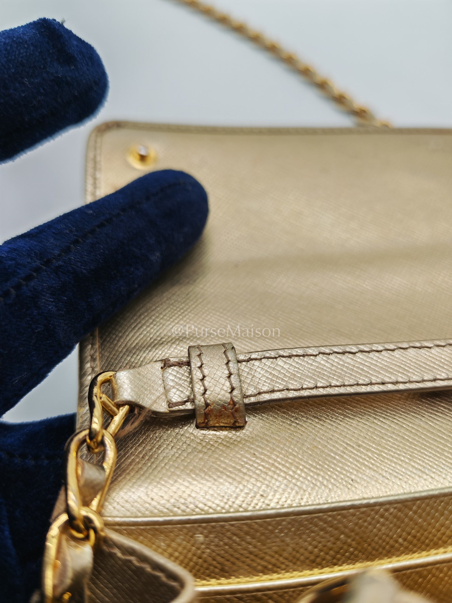 Prada Wallet on Chain Metal Oro in Gold Saffiano Leather and Gold Hardware | Purse Maison Luxury Bags Shop
