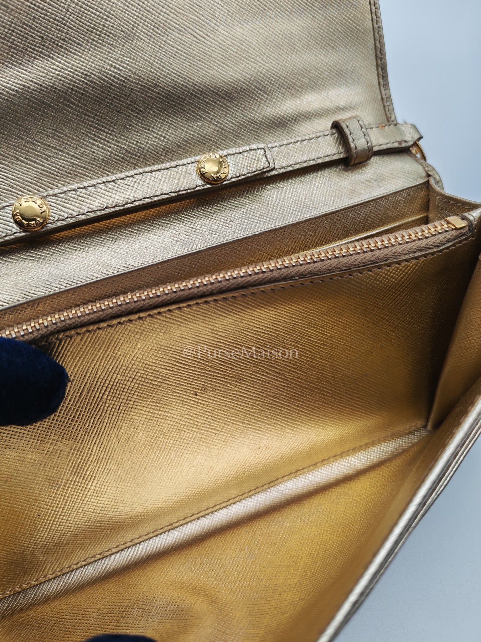 Prada Wallet on Chain Metal Oro in Gold Saffiano Leather and Gold Hardware | Purse Maison Luxury Bags Shop