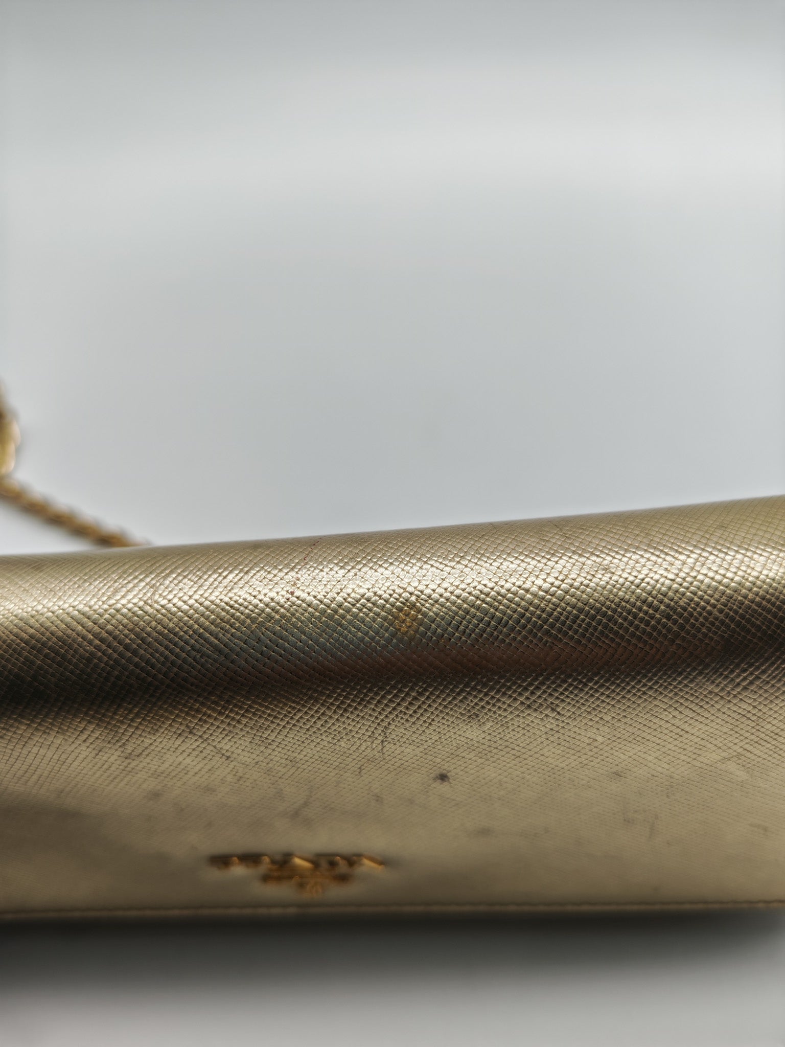 Prada Wallet on Chain Metal Oro in Gold Saffiano Leather and Gold Hardware | Purse Maison Luxury Bags Shop