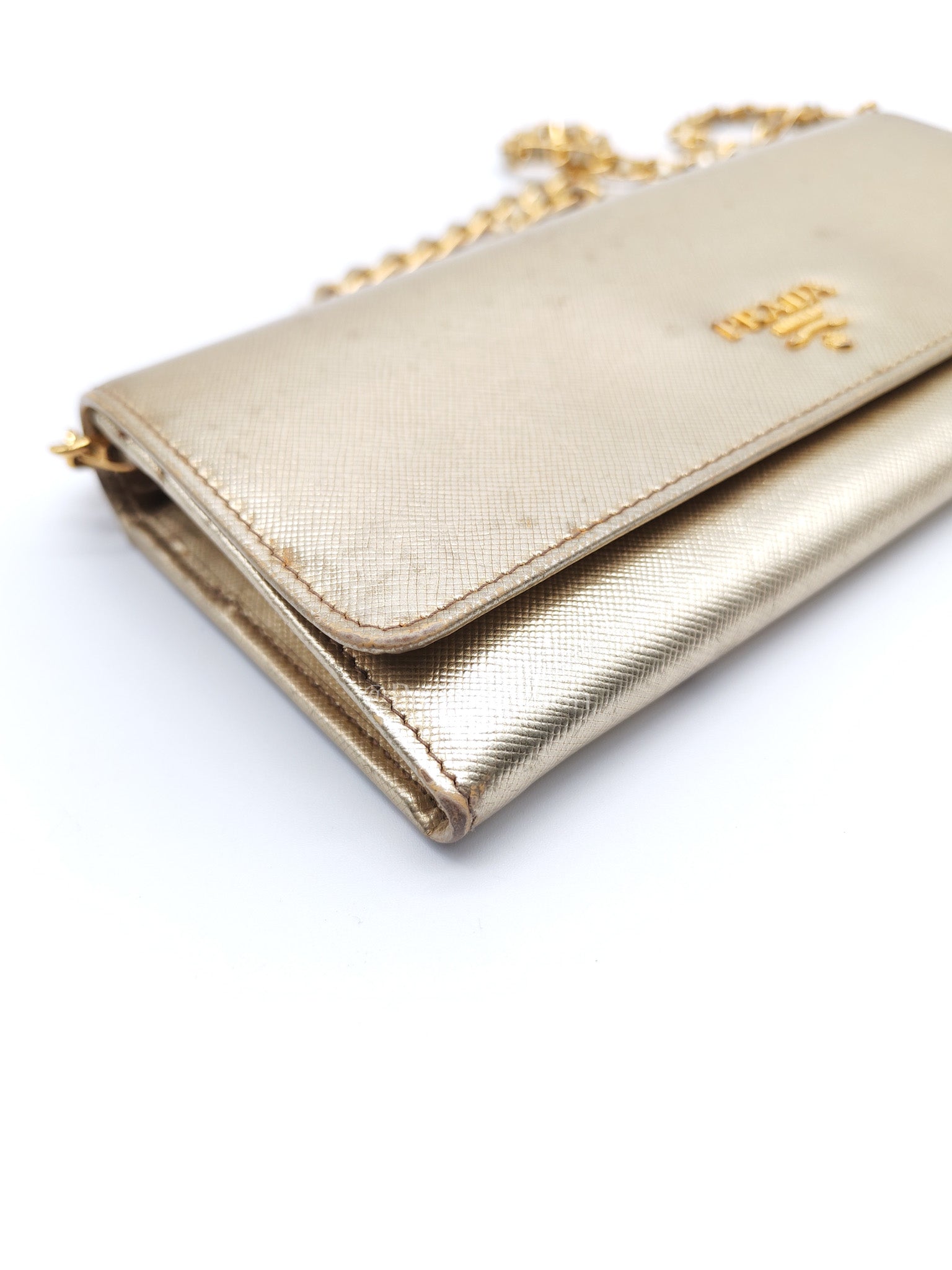 Prada Wallet on Chain Metal Oro in Gold Saffiano Leather and Gold Hardware | Purse Maison Luxury Bags Shop