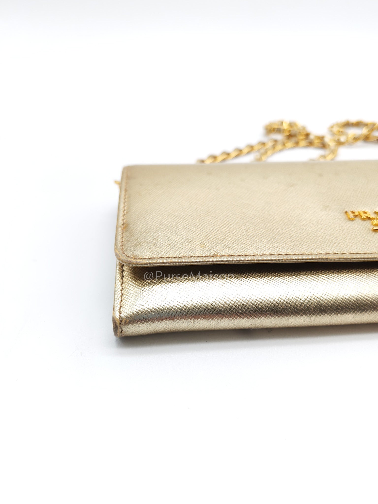 Prada Wallet on Chain Metal Oro in Gold Saffiano Leather and Gold Hardware | Purse Maison Luxury Bags Shop