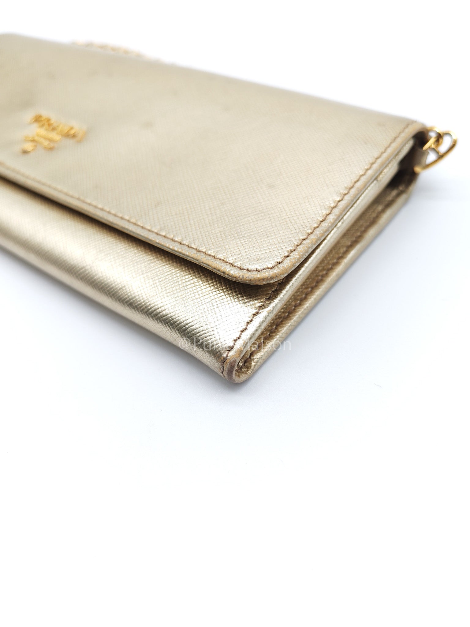 Prada Wallet on Chain Metal Oro in Gold Saffiano Leather and Gold Hardware | Purse Maison Luxury Bags Shop
