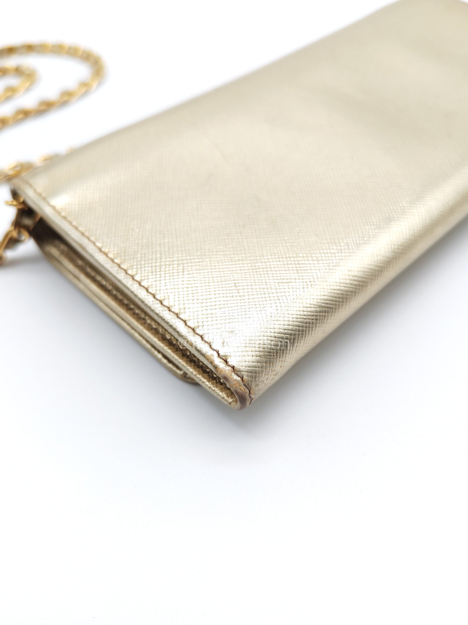 Prada Wallet on Chain Metal Oro in Gold Saffiano Leather and Gold Hardware | Purse Maison Luxury Bags Shop