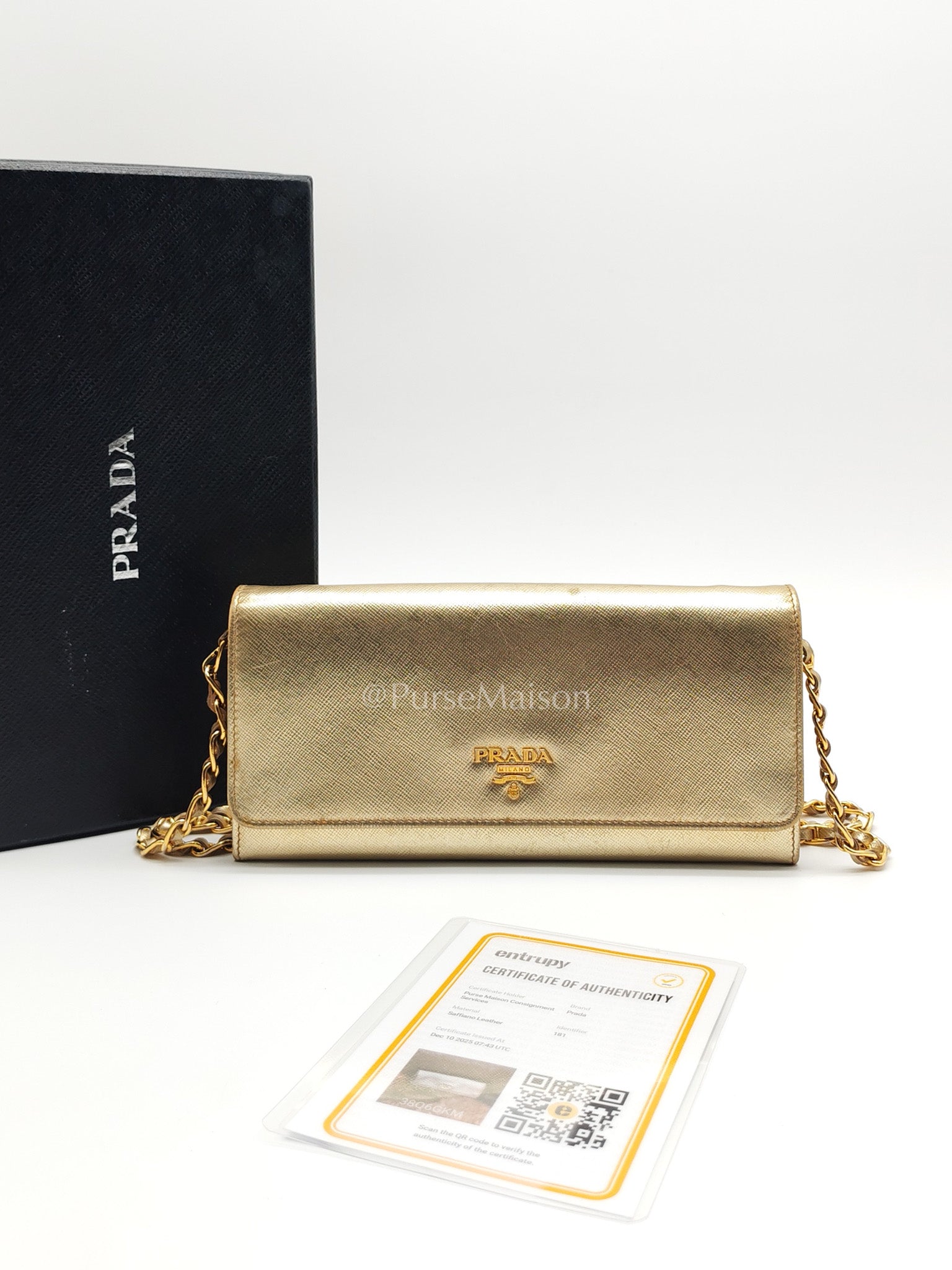 Prada Wallet on Chain Metal Oro in Gold Saffiano Leather and Gold Hardware | Purse Maison Luxury Bags Shop