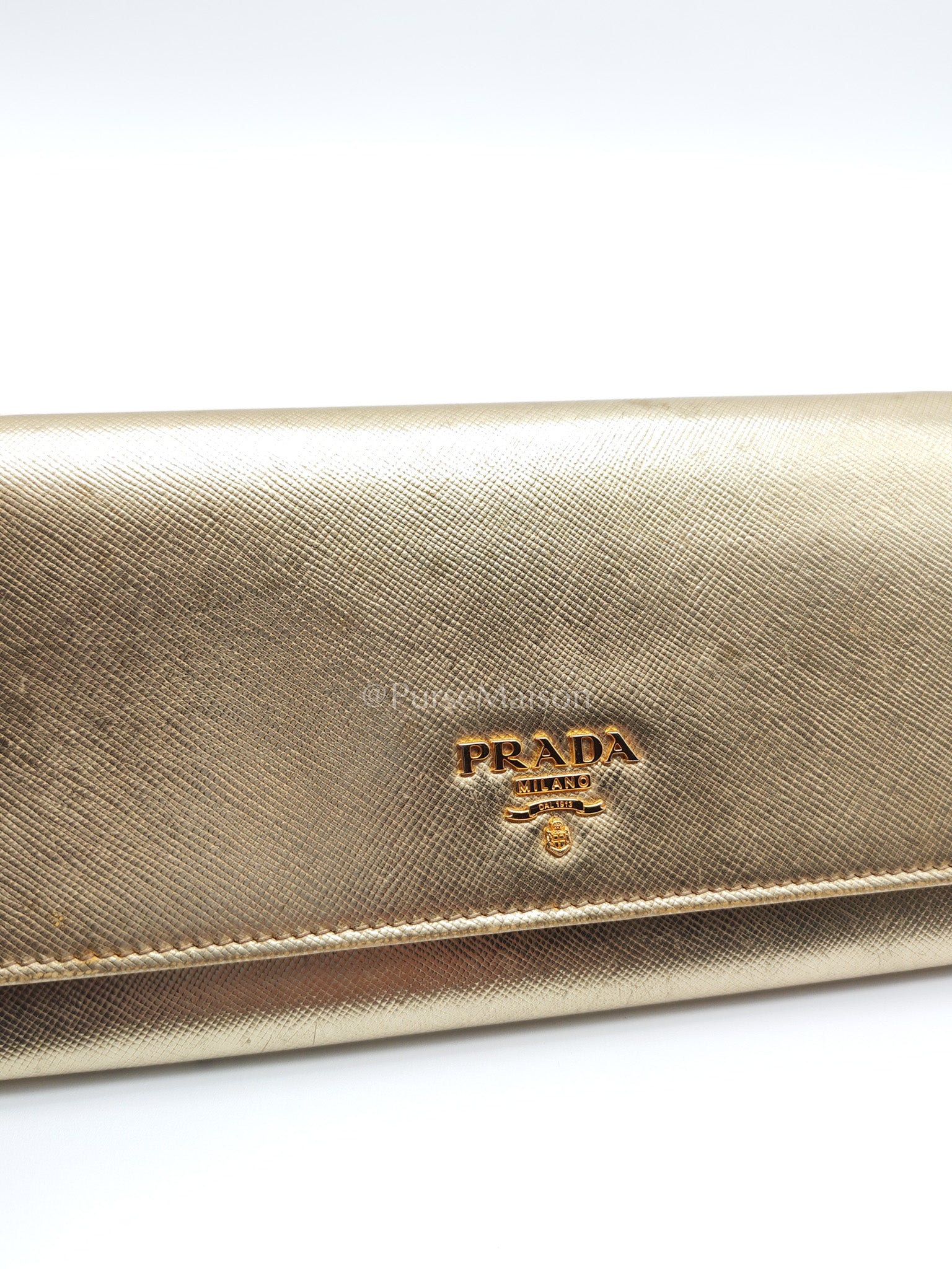 Prada Wallet on Chain Metal Oro in Gold Saffiano Leather and Gold Hardware | Purse Maison Luxury Bags Shop