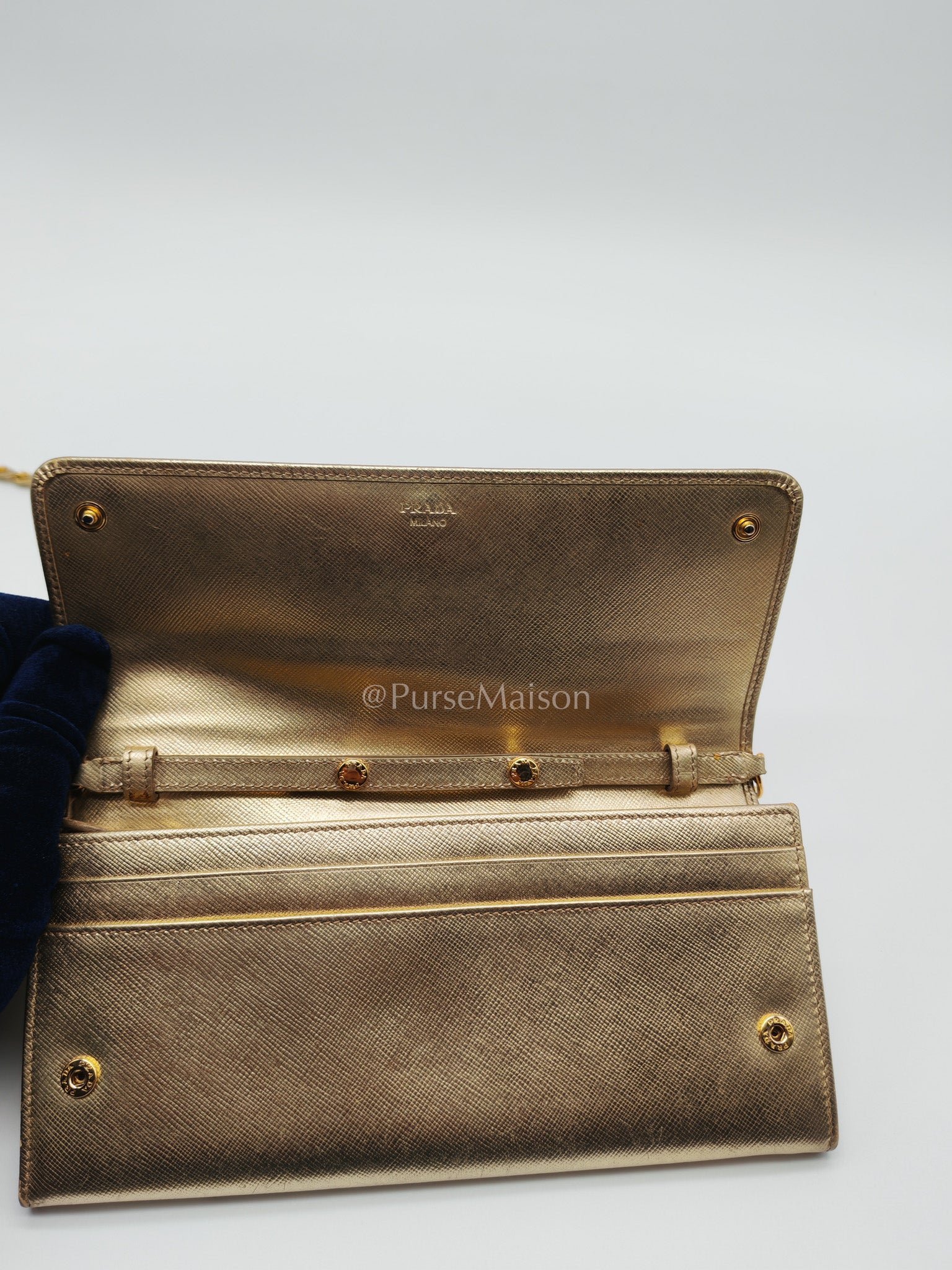 Prada Wallet on Chain Metal Oro in Gold Saffiano Leather and Gold Hardware | Purse Maison Luxury Bags Shop